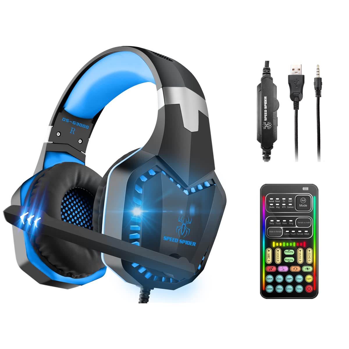 Best Gaming Headset with Voice Changer & Mic - LED Light Over-Ear Headphones with Volume Control & Noise Cancellation for PS5, PS4, Xbox One, PC, Laptop & Mobile - Perfect for Online Gaming & Streaming (Blue)