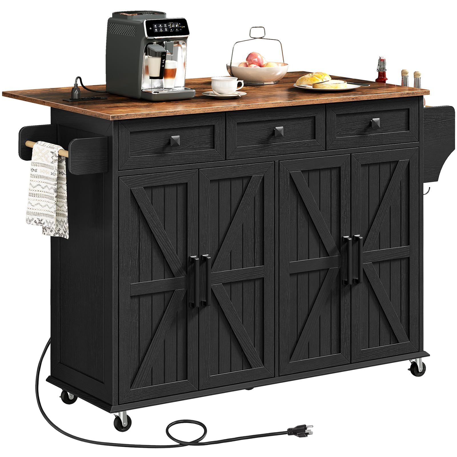 **Black & Rustic Brown Kitchen Island Cart with Drop Leaf, 3 Drawers, Towel Rack, Spice Rack & USB Charging Station – Mobile Storage Table for Small Spaces, Breakfast Bar & Kitchen Organization**    *(Use Cases: Perfect for small kitchens, meal prep, extra counter space, breakfast nook, or as a portable serving cart for entertaining.)*