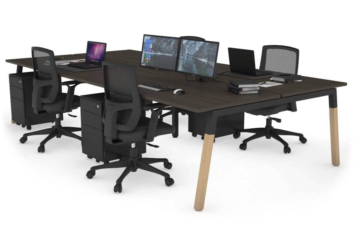Quadro A Legs 4-Person Office Workstation with Wood Legs & Cross Beam - 1400L x 800W Dimensions, Cable Management Scallop | Perfect for Collaborative Workspaces & Modern Offices