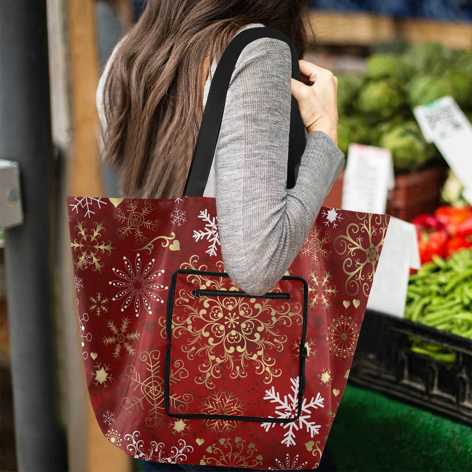 ALAZA Merry Christmas Snowflake New Year Xmas Large Reusable Tote Bag - Foldable Lightweight Grocery Shopping Bag with Handles for Outdoors, Picnic, Travel, Holiday Gift Giving & Seasonal Celebrations