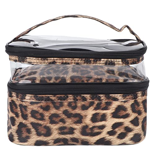 Leopard Print Portable Makeup Bag - 2 Layer Waterproof Cosmetic Organizer for Travel & Daily Use | Compact Makeup Storage for Brushes, Lipsticks & Beauty Essentials