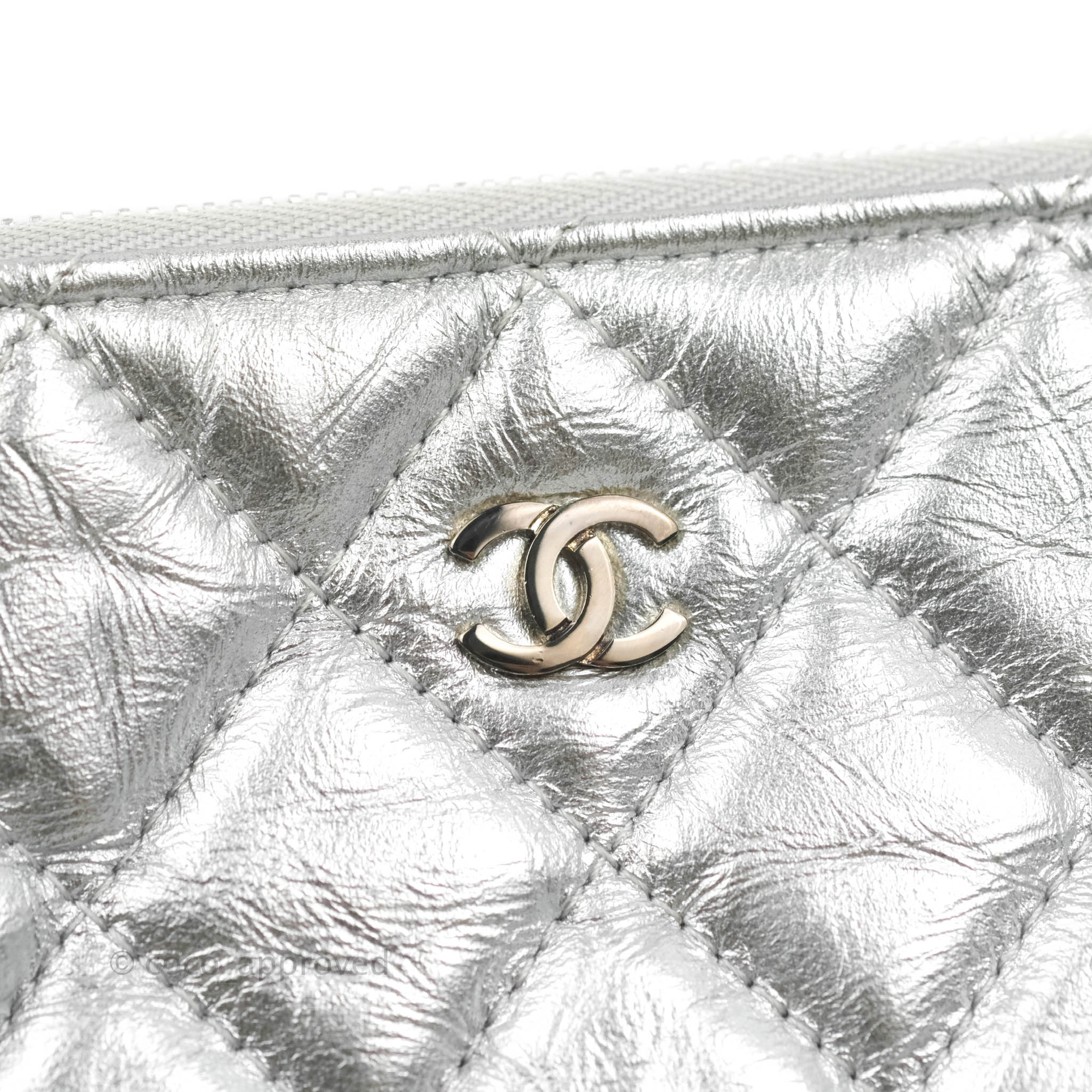 Chanel Caviar Quilted Large Cosmetic Case in Metallic Silver with Charms - Luxury Makeup Bag for Travel & Everyday Use