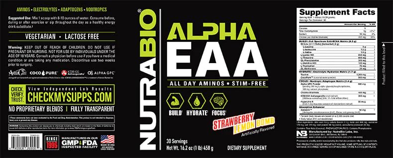 NutraBio Alpha EAA Essential Amino Acid Powder - Full Spectrum Muscle Recovery & Growth Supplement with BCAA - 30 Servings Strawberry Lemonade Flavor - Pre & Post Workout, Athletic Performance & Daily Nutrition Support