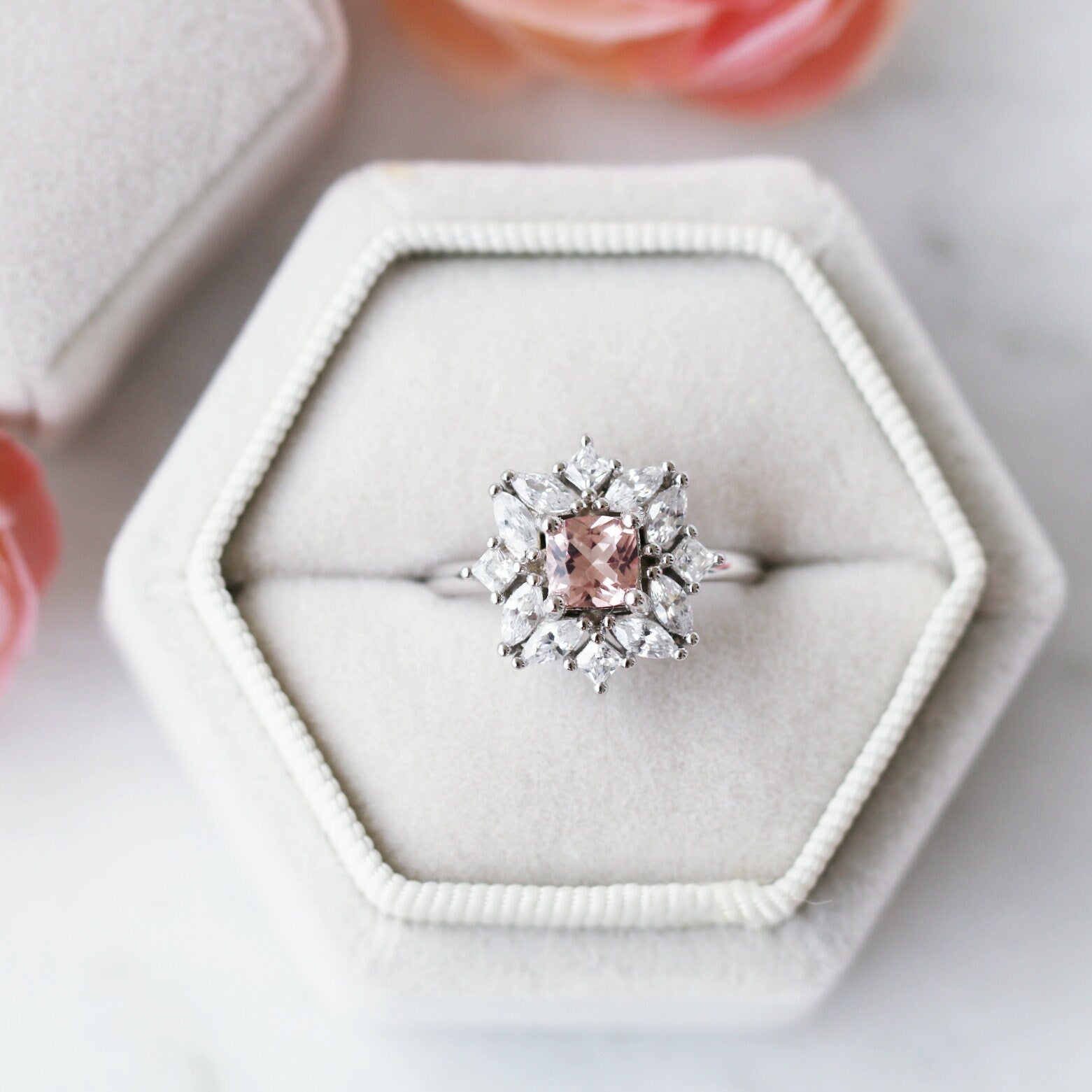 Magnolia Morganite Ring - Sterling Silver Rose Gold Plated, Dainty Floral Engagement Ring for Women, Perfect for Wedding, Anniversary & Valentine's Day Gifts