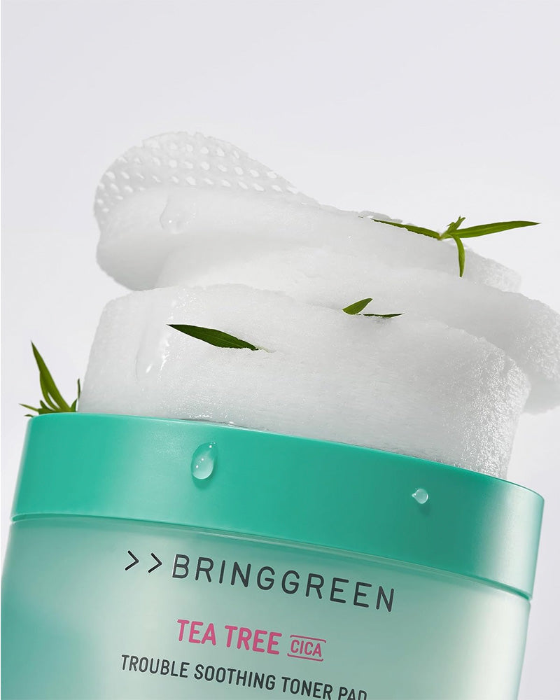 BRING GREEN Tea Tree Cica Soothing Toner Pads for Acne-Prone Skin - Hydrating & Calming Facial Treatment for Oily & Sensitive Skin - Perfect for Daily Skincare Routine & Post-Workout Refresh