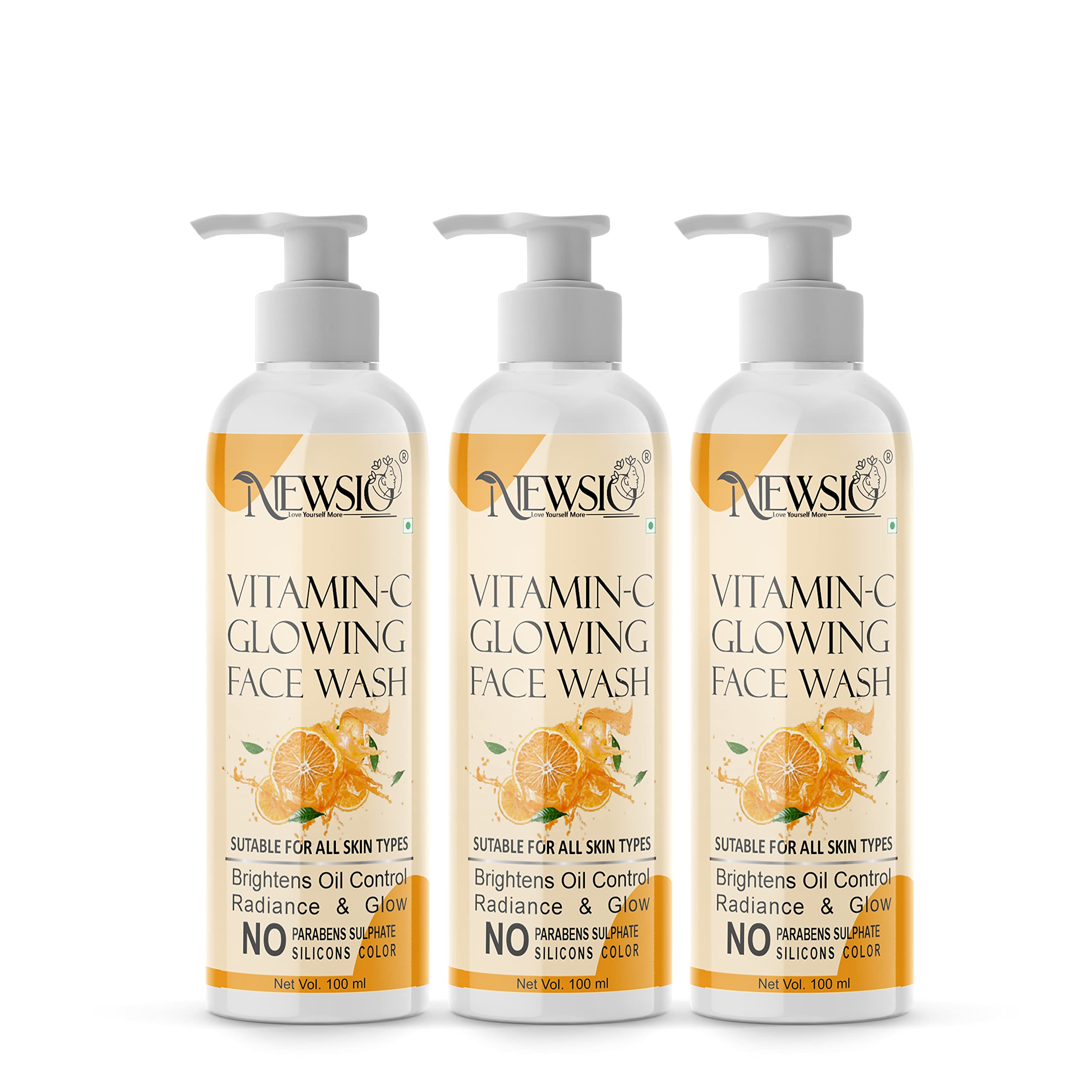 Newsio Brightening Vitamin C Face Wash for Women & Men - All Skin Types, Glowing & Refreshing - Paraben & Sulfate Free (3-Pack, 300ml) | Daily Skincare Routine, Morning & Night Cleansing for Radiant Skin