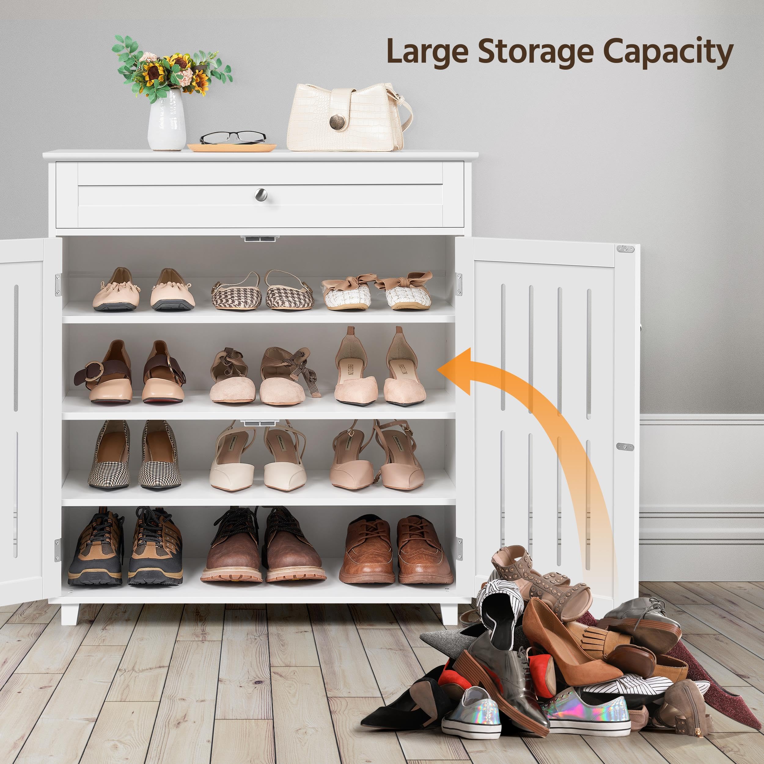 Topeakmart White Wooden Shoe Storage Cabinet with 1 Large Drawer & 4 Shelves, 2 Louvered Doors - Entryway Organizer for Shoes, Boots & Accessories - Perfect for Living Room, Hallway & Closet Organization