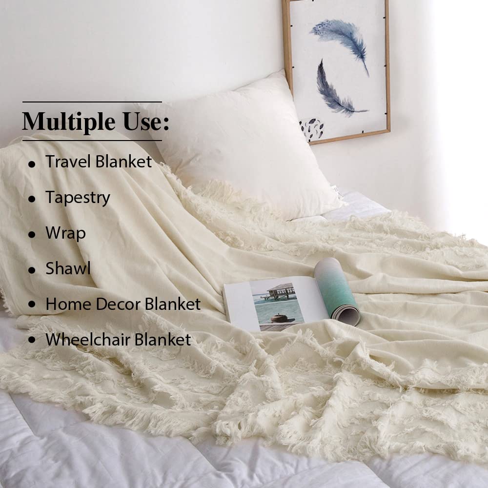 Simple&Opulence 100% Cotton Boho Throw Blanket - Soft Lightweight Tufted Zigzag Knit Woven Blanket with Tassels for Bed, Couch & Farmhouse Decor | All-Season Cozy Breathable Blanket in White | Perfect for Living Room, Bedroom & Outdoor Picnics