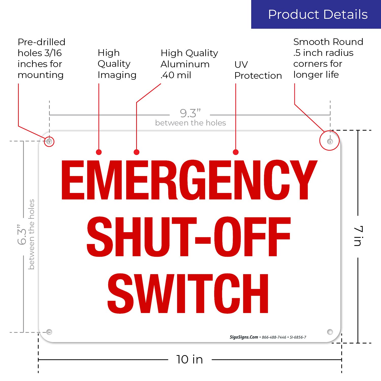 Emergency Shut-Off Switch Sign - 10x7 Inch Rust-Free .040 Aluminum - Fade Resistant for Indoor/Outdoor Use - Made in USA - Ideal for Factories, Warehouses & Industrial Safety Areas