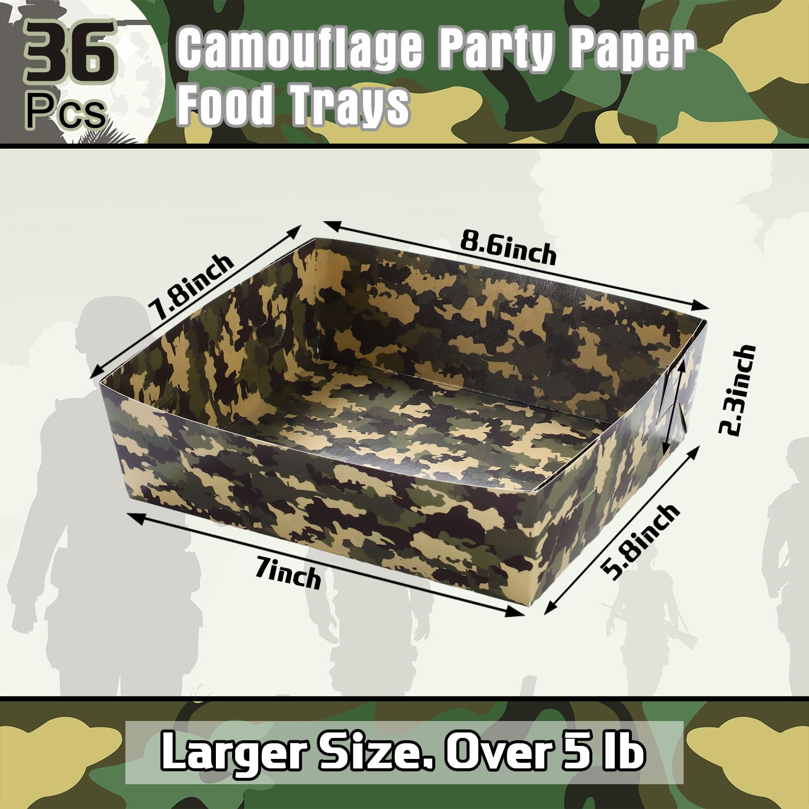 36 Pcs Camo Party Paper Food Trays - 5 lb Deer Nacho Boats, Large Disposable Snack Trays for Birthday Parties, Kids Events, Military Celebrations & Baby Showers - Camouflage Themed Party Supplies (Perfect for Outdoor BBQs, Game Day Snacks & Themed Events)