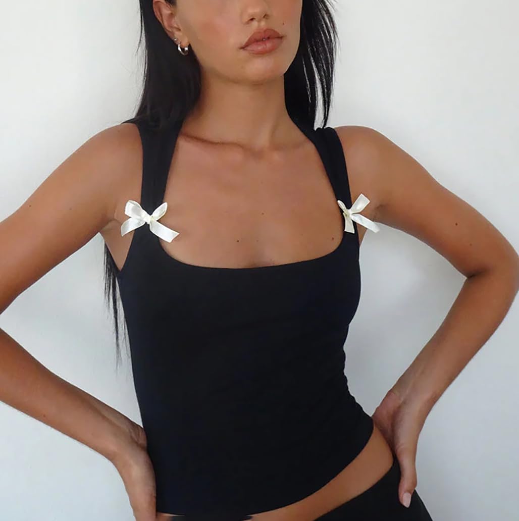 Y2K Women's Bow Tank Top - Sleeveless Scoop Neck Crop Cami Shirt | Aesthetic Preppy Summer Outfit for Going Out, Beach, Parties & Casual Wear