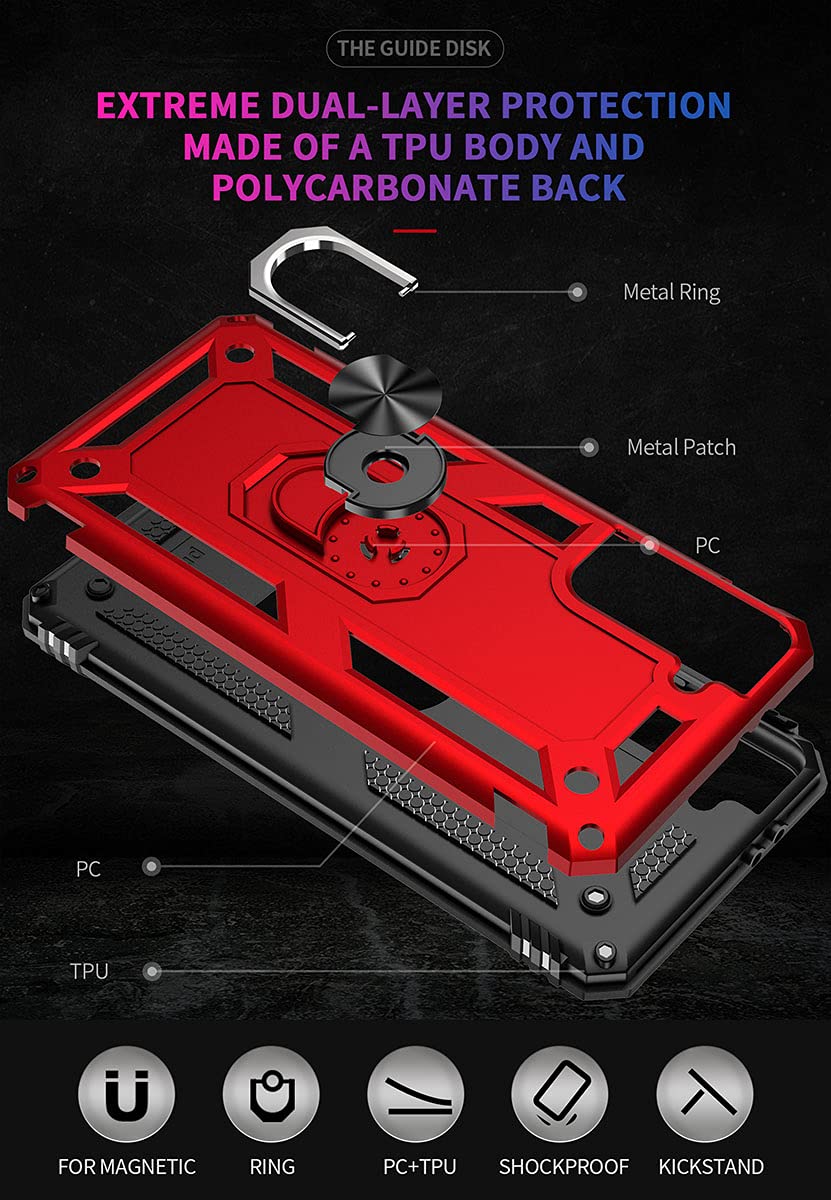 **Military Grade Protective Case for Samsung Galaxy S21 FE with Ring Car Mount & Kickstand - Shockproof Cover for Everyday Use, Travel & Outdoor Activities - Red**