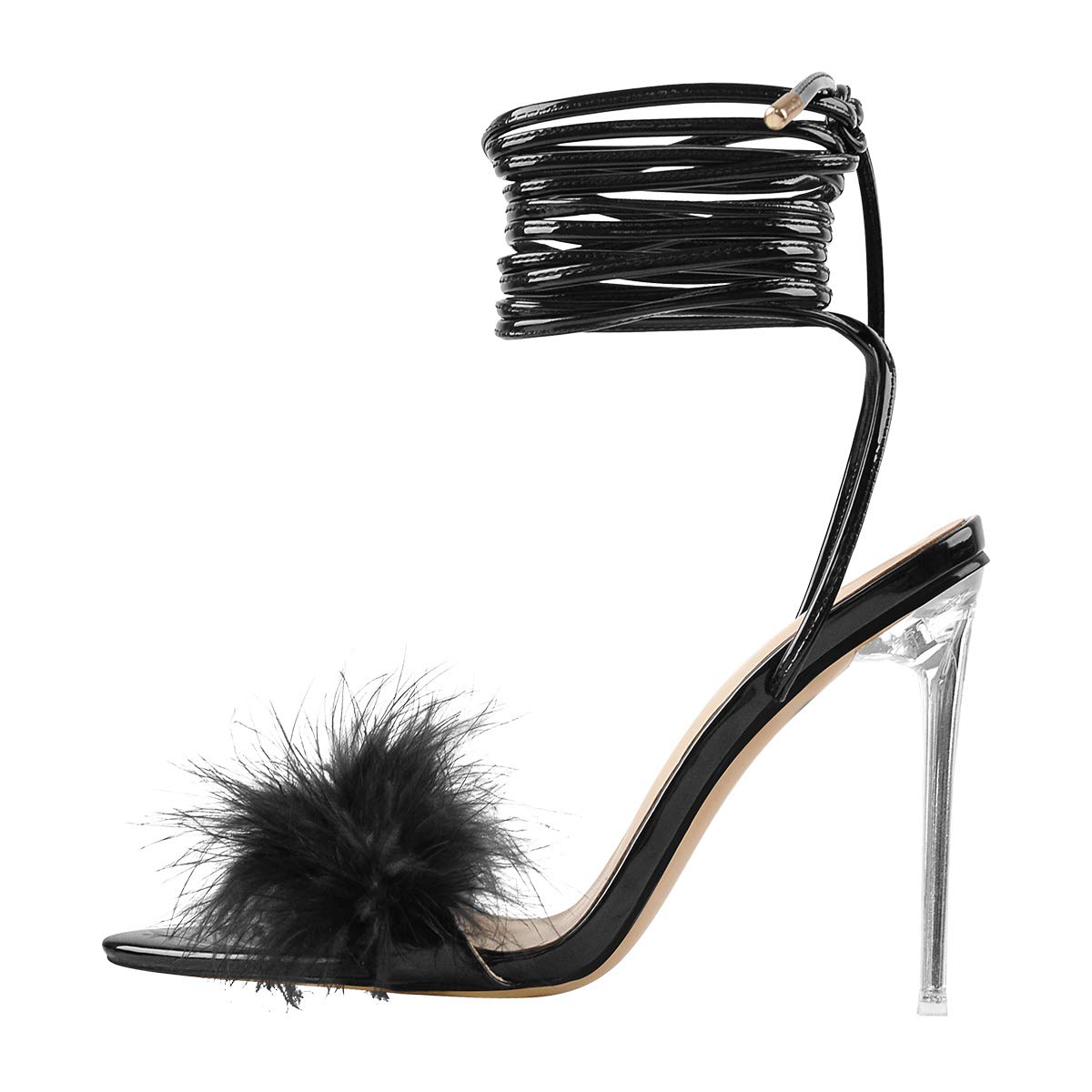Richealnana Women's Fluffy Feather Pointed Toe Clear Heel Sandals - Elegant Party Shoes for Weddings, Prom, Evening Events & Special Occasions