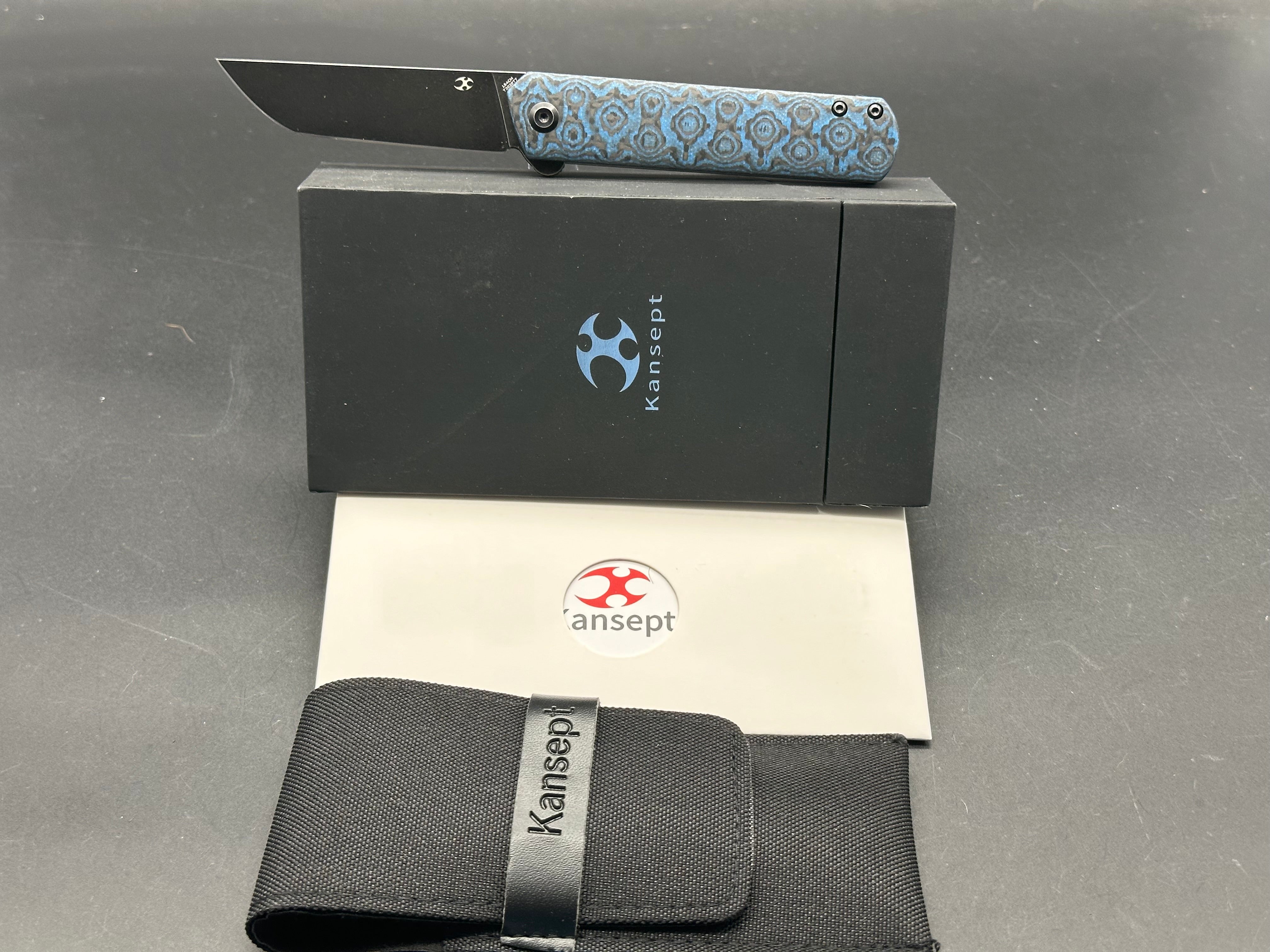 Kansept Foosa Slip Joint Pocket Knife - Black/Blue Carbon Fiber Handle, 3 Black SW Blades - EDC Folding Knife for Camping, Hiking & Everyday Carry
