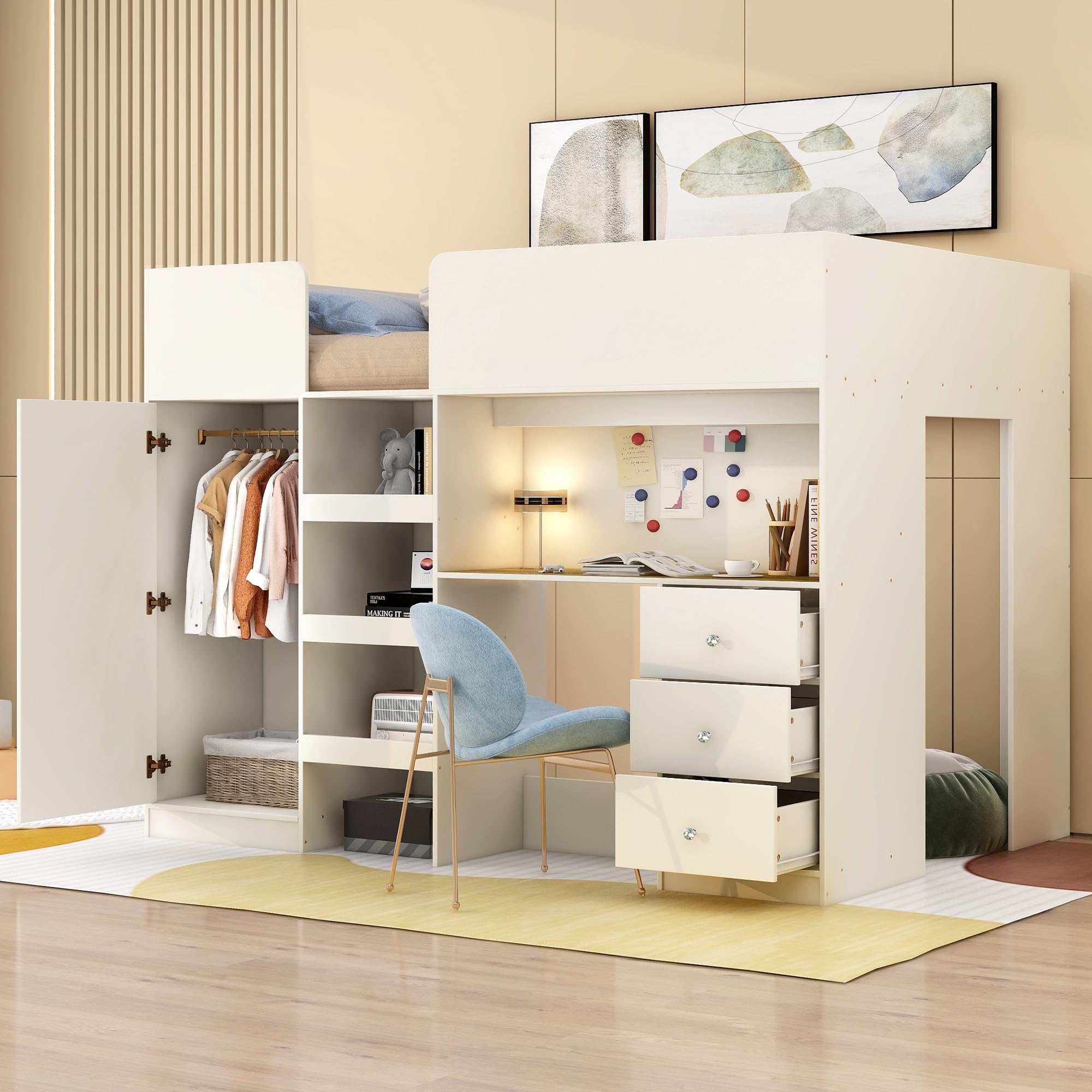 Full Size Loft Bed with Wardrobe & Desk - Sturdy Wooden Frame with Storage Stairs & Built-in 3-Drawer Cabinet - Space-Saving Solution for Kids, Teens & Adults - Perfect for Small Bedrooms, Dorms & Apartments (Beige)