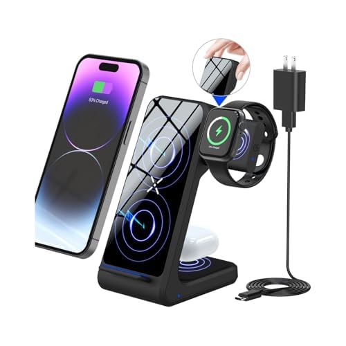 3-in-1 Fast Wireless Charging Station Stand for iPhone 15/14/13/12/Pro/Max, Samsung Galaxy S23/S22/S21/Note, AirPods - Qi Certified Charger Pad for Home, Office & Nightstand (Black)