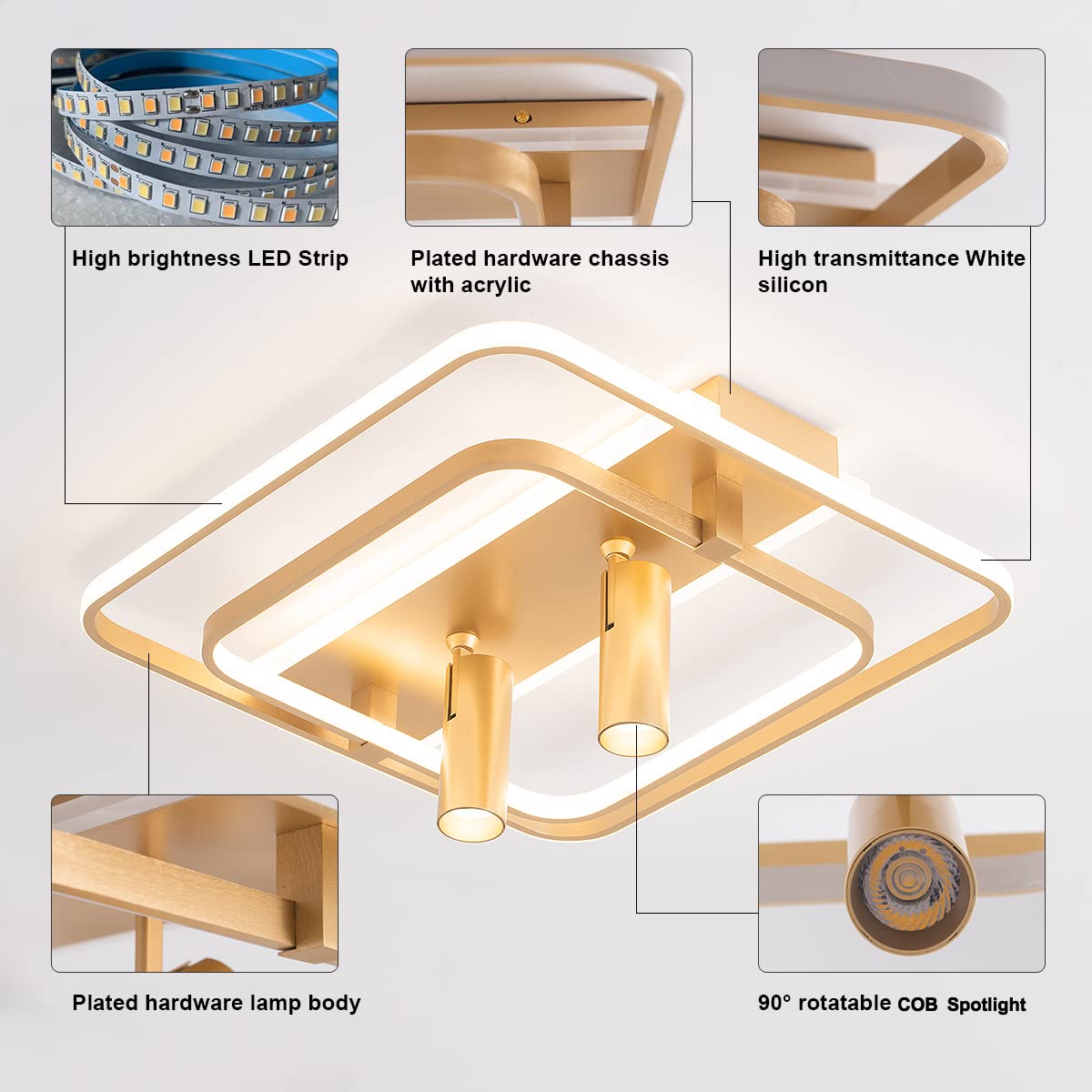 Modern Gold Flush Mount Ceiling Light 88W - Square LED Close-to-Ceiling Fixture with Stepless Dimming & Remote Control - Perfect for Living Room, Bedroom, Kitchen & Hallway Lighting
