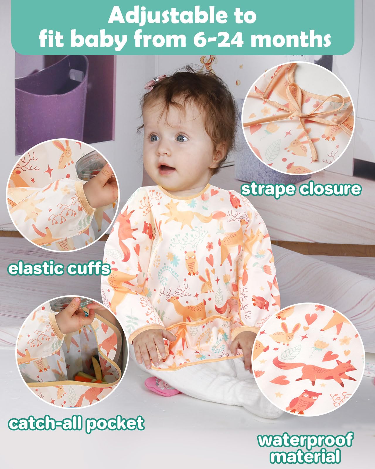 Lictin 3 Pack Baby Bibs for Boys & Girls - Waterproof Long Sleeve Toddler Bibs with Cute Designs - Perfect for Feeding, Mealtime & Messy Play