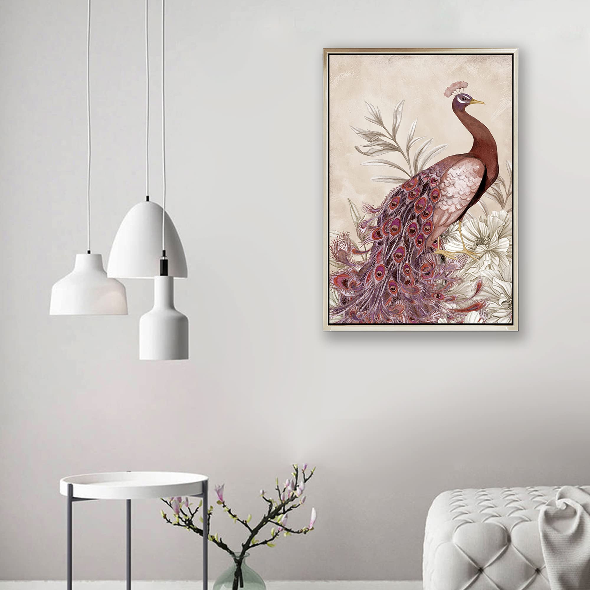 Peacock Framed Wall Art - 2 Panels Canvas Pink Peacock Tail Feather with Flowers Painting, Animal Wall Décor for Living Room, Bedroom, Bathroom & Farmhouse - Perfect for Home Decor, Housewarming Gifts & Office Wall Art (24