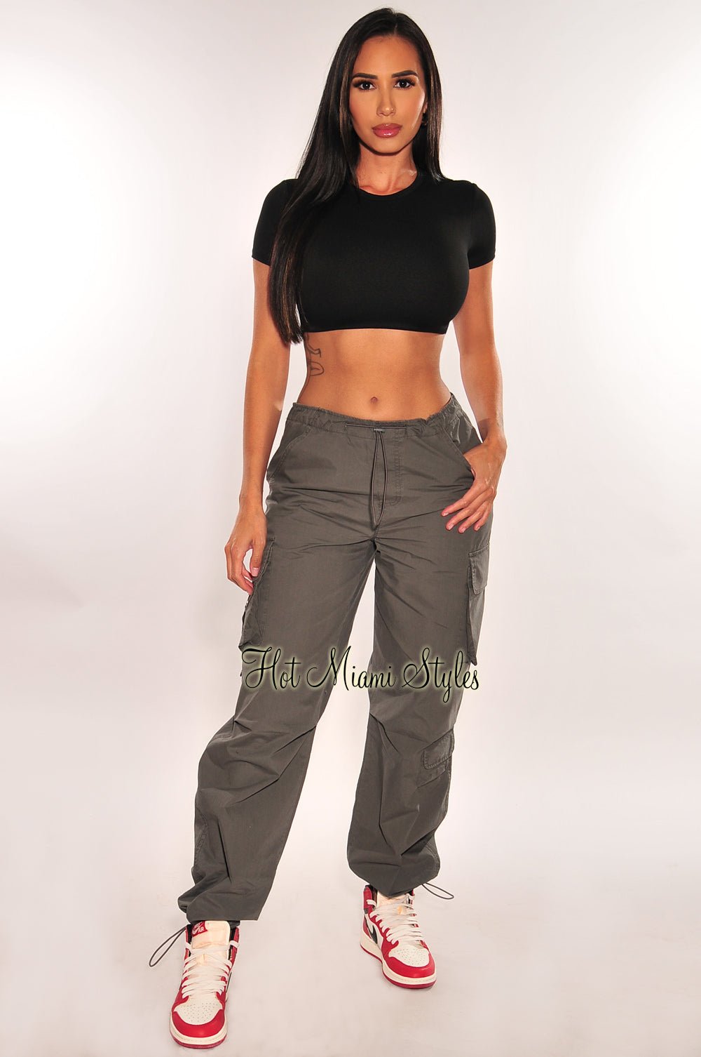 Charcoal High Waist Drawstring Cargo Parachute Pants for Women - Stylish Utility Pants for Outdoor Adventures, Streetwear & Casual Fashion
