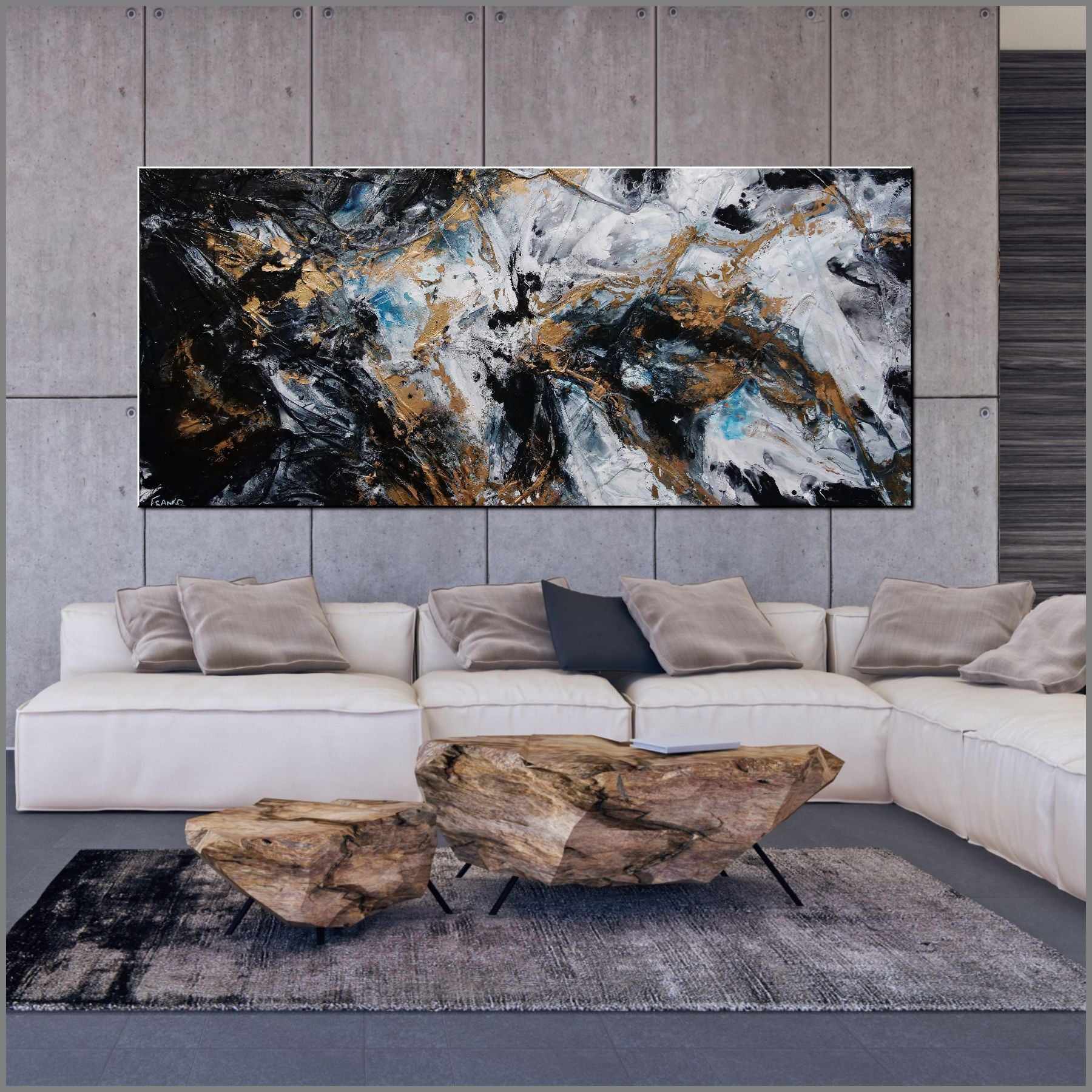Peppered Satin 270cm x 120cm Abstract Textured Painting - Black Gold Grey Blue Modern Wall Art for Living Room, Bedroom & Office Decor