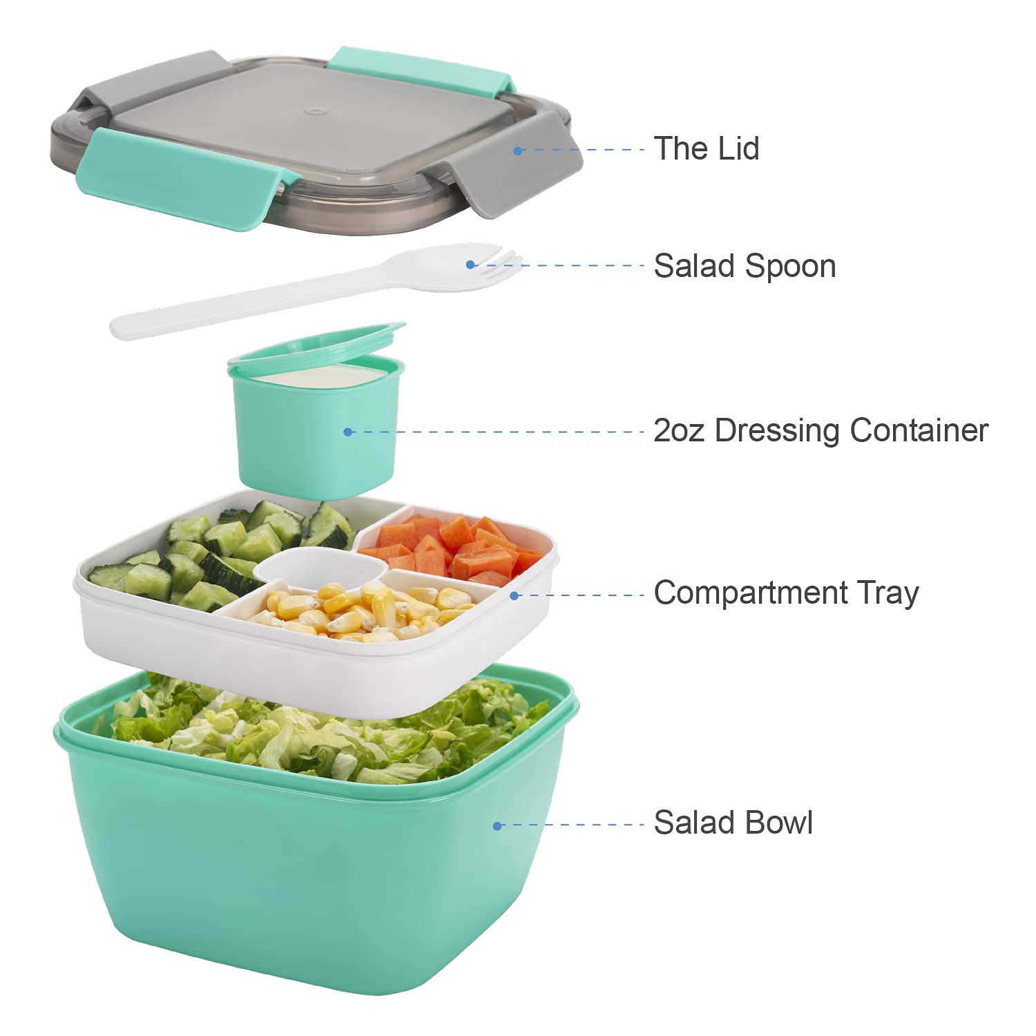 Freshmage 52-oz BPA-Free Leakproof Lunch Container with 3 Compartments & Dressing Cup - Reusable Salad Bowl for Meal Prep, Office Lunch, Picnics - Perfect for Men & Women (Eco-Friendly Green)