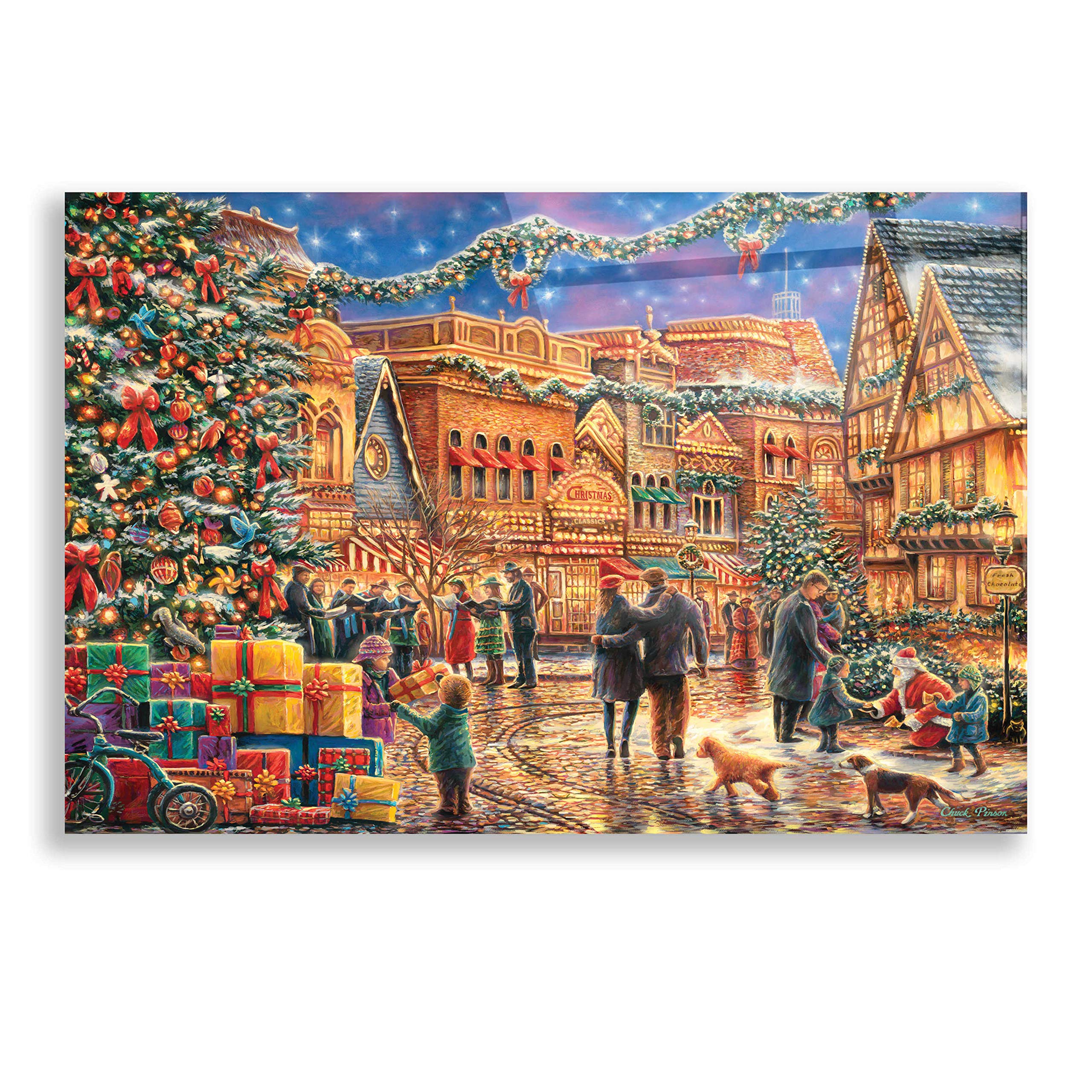 Christmas at Town Square by Chuck Pinson - 24x16 Inch Acrylic Glass Wall Art Decor, Vibrant Holiday Painting for Living Room, Bedroom & Office