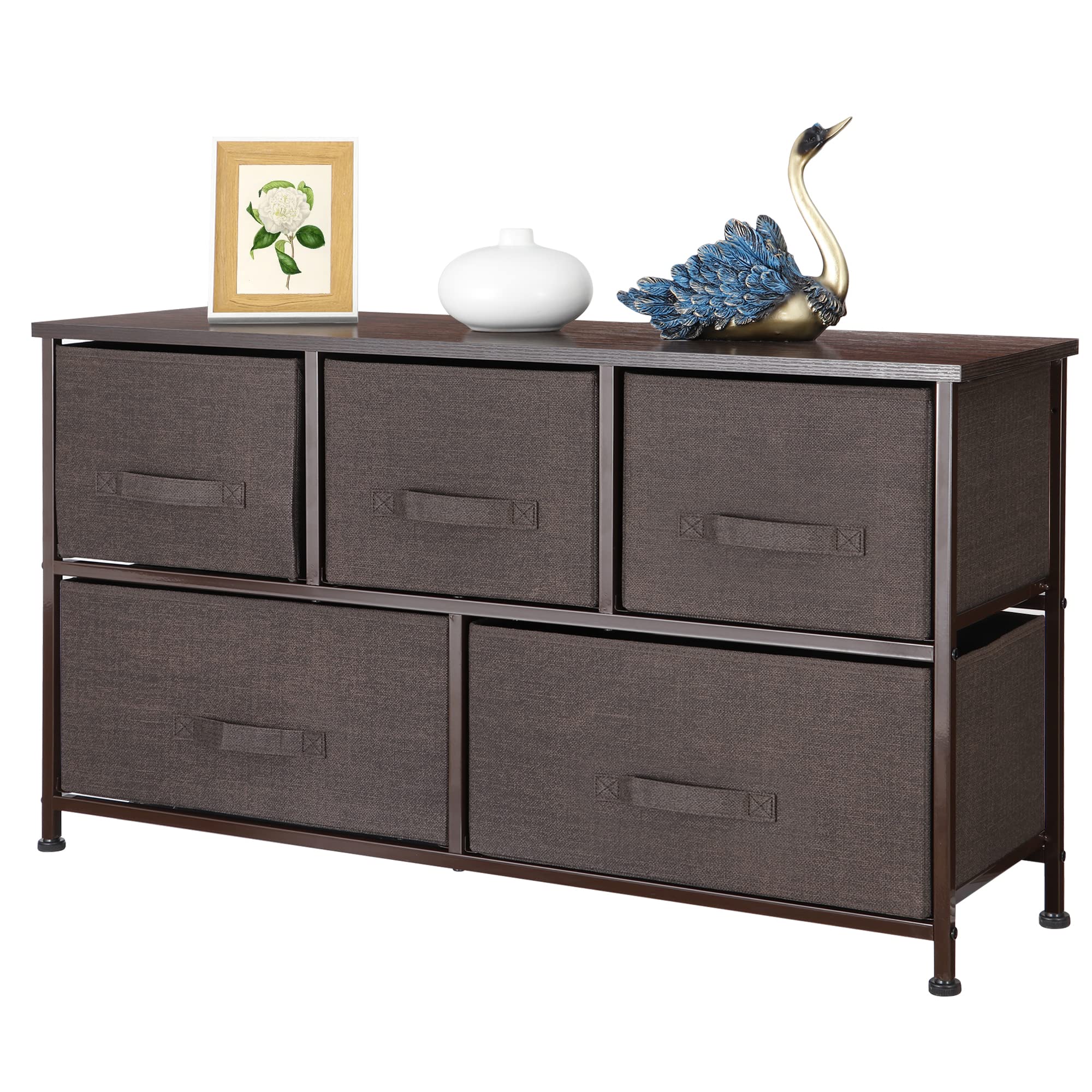 5-Drawer Fabric Dresser Storage Organizer - Sturdy Steel Frame & Wooden Top Closet Organizer for Bedroom, Living Room, Nursery - Deep Basket for Clothes, Toys & Home Organization (Brown)