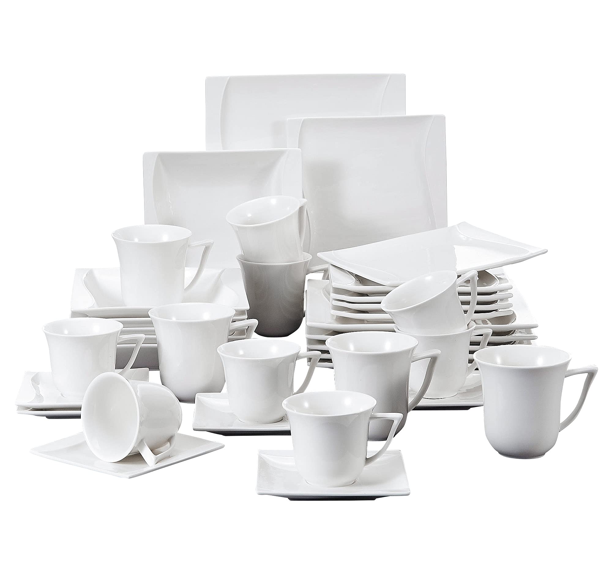 MALACASA 36-Piece Square Porcelain Dinnerware Set in Ivory White - Plates, Bowls, Cups, Saucers & Coffee Mugs for 6 People - Elegant Carina Series - Perfect for Family Dinners, Restaurant-Style Dining & Special Occasions