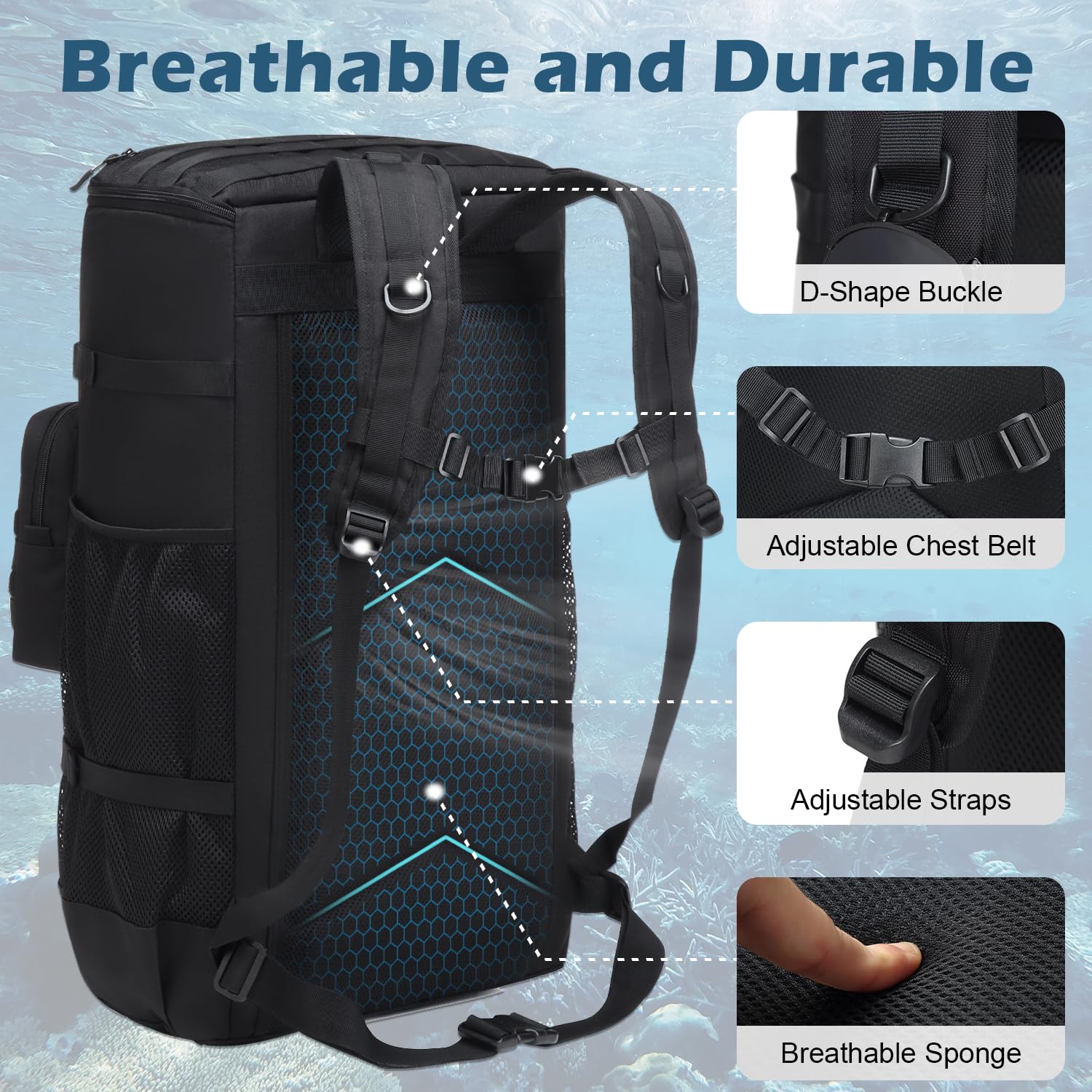 65L Scuba Diving Backpack - Waterproof Travel Backpack for Scuba & Snorkeling Gear | Holds Fins, Snorkel, Wetsuit & Dive Equipment | Perfect for Ocean Adventures, Beach Trips & Water Sports (Black)