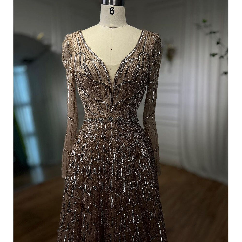 Luxury Muslim Designer Beaded Evening Dress for Women - Caramel A-Line V-Neck Gown for Wedding, Party & Special Occasions | Serene Hill Collection 2025 LA71940 | Perfect for Bridal Showers, Galas & Formal Events