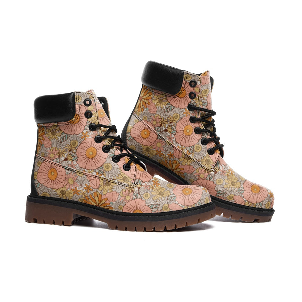 Stylish Pink Floral Combat Boots for Women & Men - Faux Leather Chunky Platform Ankle Boots with Cushioned Insole - Perfect for Streetwear, Concerts and Fall Fashion Outfits