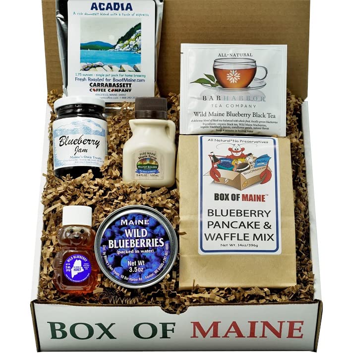 Maine Breakfast Gift Box - 7-Piece Gourmet Set with Pure Maple Syrup, Organic Honey, Wild Blueberry Jam, Bar Harbor Tea, Acadia Coffee & Pancake Mix | Perfect for Brunch, Housewarming Gifts & New England Food Lovers