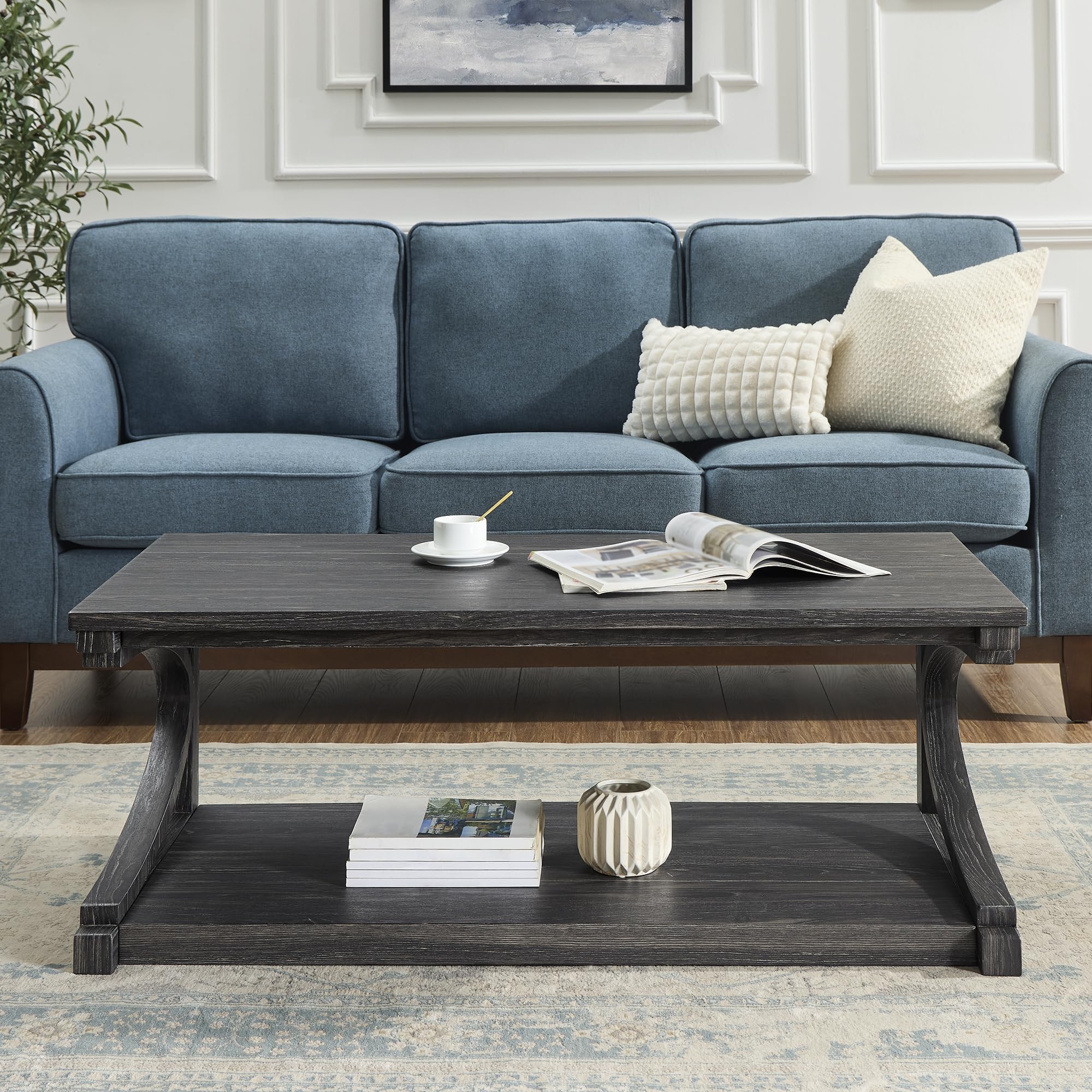 P PURLOVE Solid Wood Coffee Table - Modern Farmhouse Style 2-Tier Rectangle Coffee Table with Storage Shelf | Perfect for Living Room, Bedroom & Small Spaces | Rustic Home Decor & Functional Center Table for Daily Use