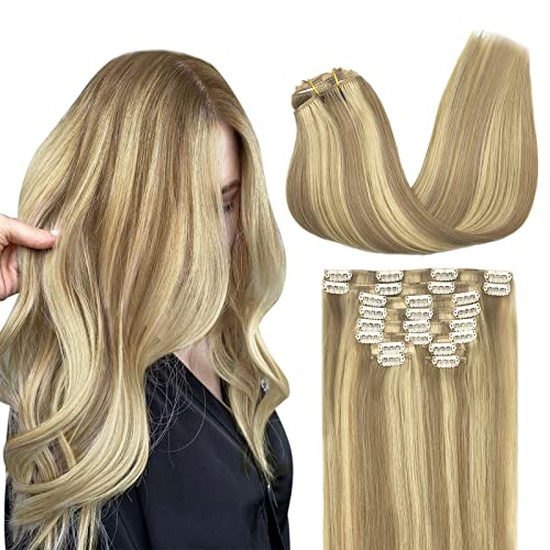 MAXITA 20 Inch Real Human Hair Clip-In Extensions - 10pcs 160g Light Blonde Highlighted Golden Blonde for Long Straight Hair | Perfect for Parties, Weddings & Daily Styling