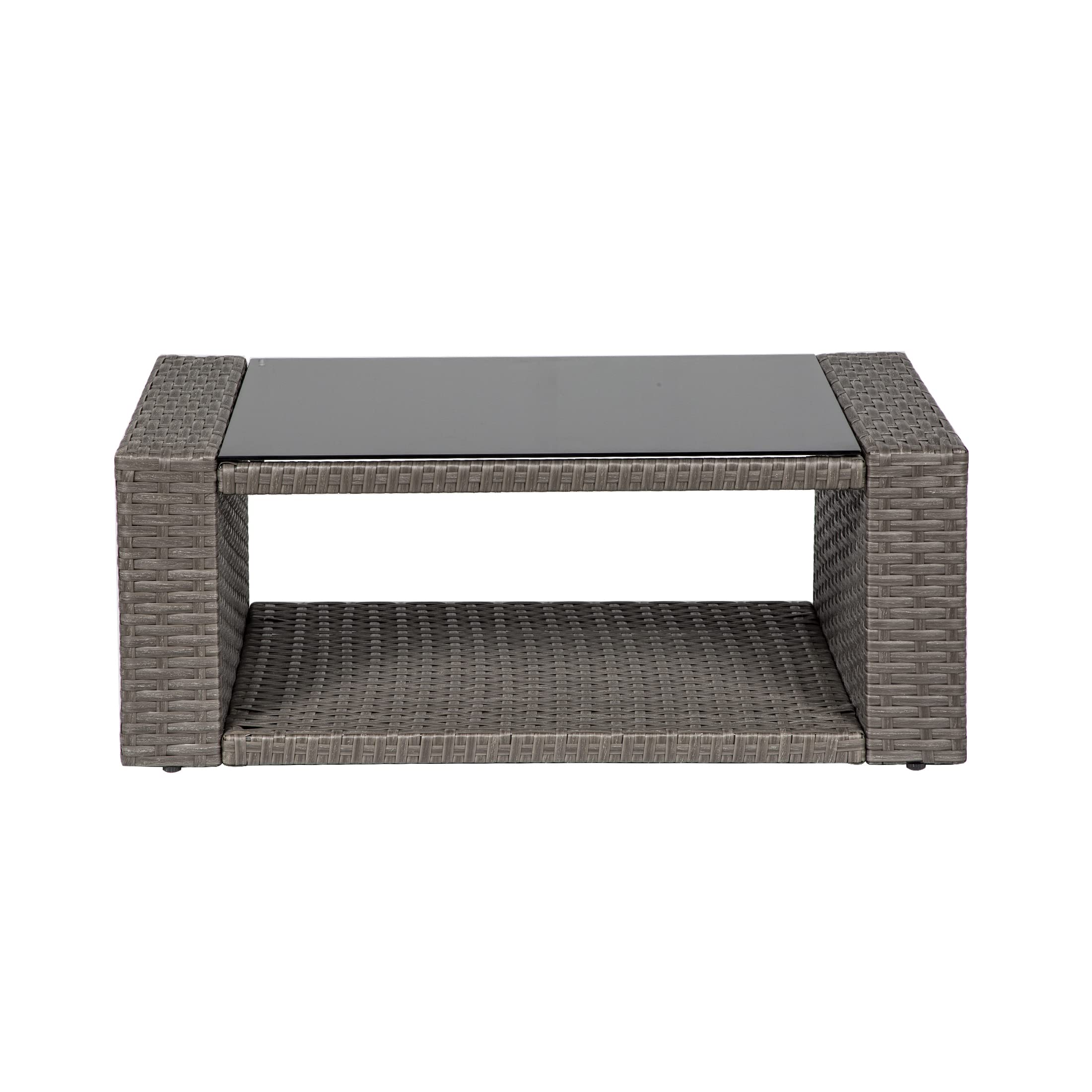 WO Home Furniture 4-Piece Patio Conversation Set - Gray Rattan Wicker Sofa, Chairs & Coffee Table with Navy Blue Pillow Cushions | Outdoor Garden Furniture for Backyard, Poolside & Terrace Relaxation