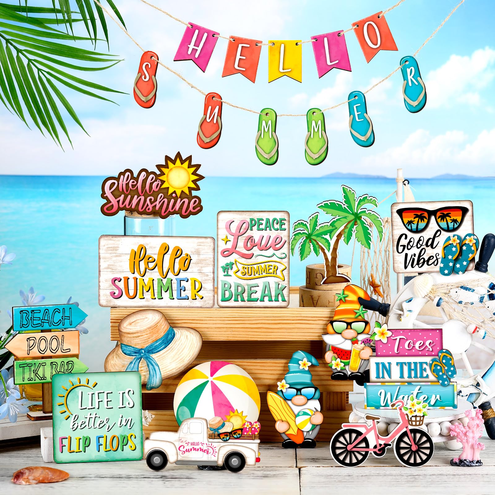 26-Piece Tiered Tray Decor Set - Coastal Beach & Farmhouse Style Wooden Signs with 
