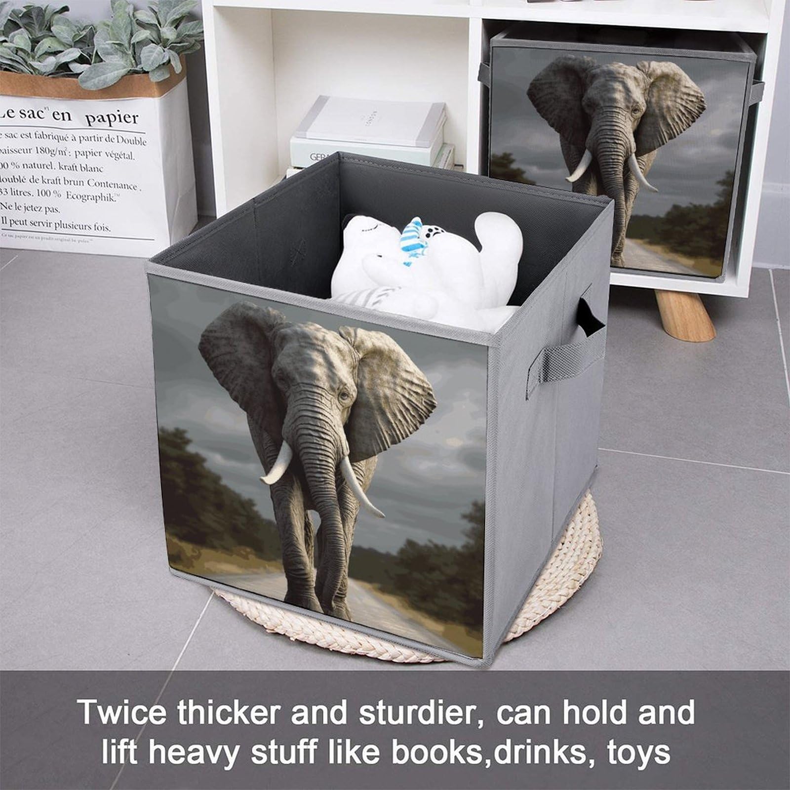 6PCS Collapsible Storage Bins with Handles - 3D Elephant Printed Foldable Storage Boxes for Home Organization, Closet, Nursery & Office - Space Saving Storage Containers for Shelves, Cabinets & Underbed