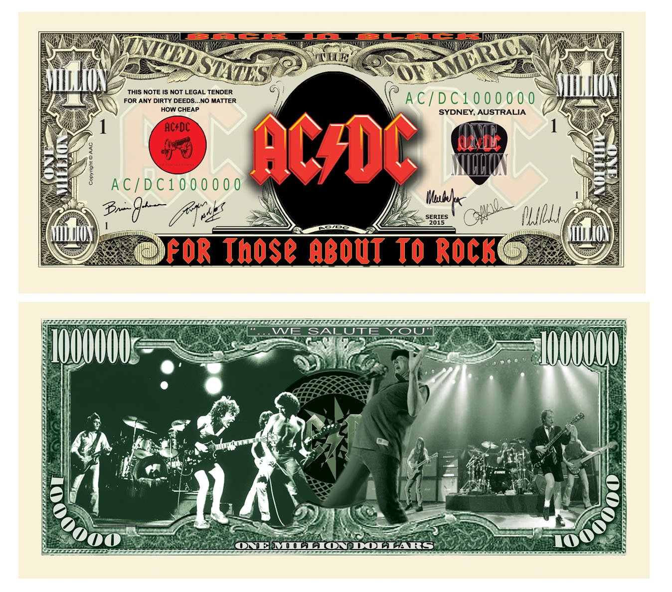 AC/DC Million Dollar Bill - Pack of 5 American Rock Band Collectible Art Prints - Perfect Gift for Music Fans, Wall Decor for Bedroom & Man Cave