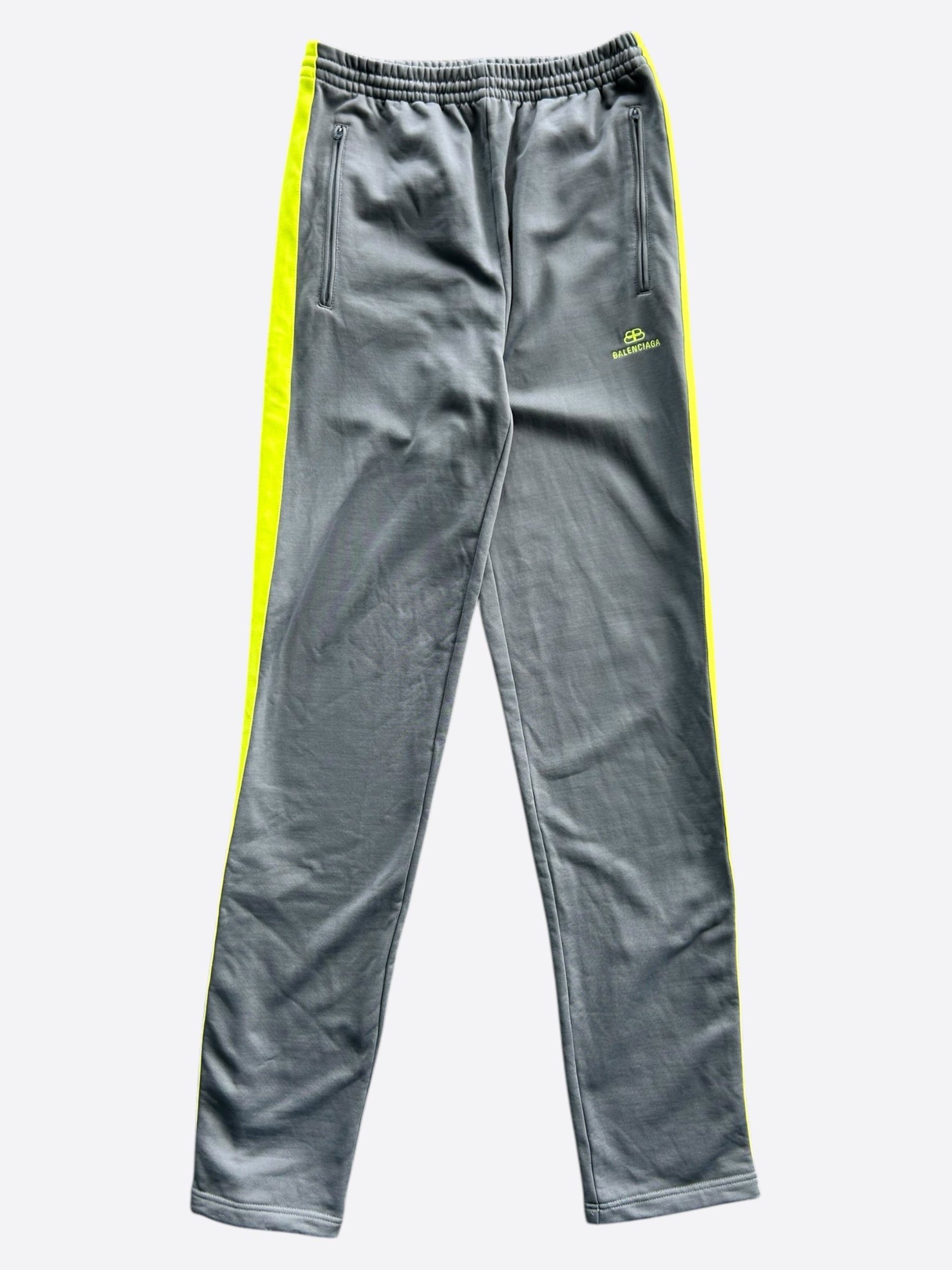 Balenciaga Grey & Yellow Embroidered Logo Trackpants - Stylish Designer Joggers for Men & Women | Perfect for Casual Wear, Street Fashion & Gym Workouts