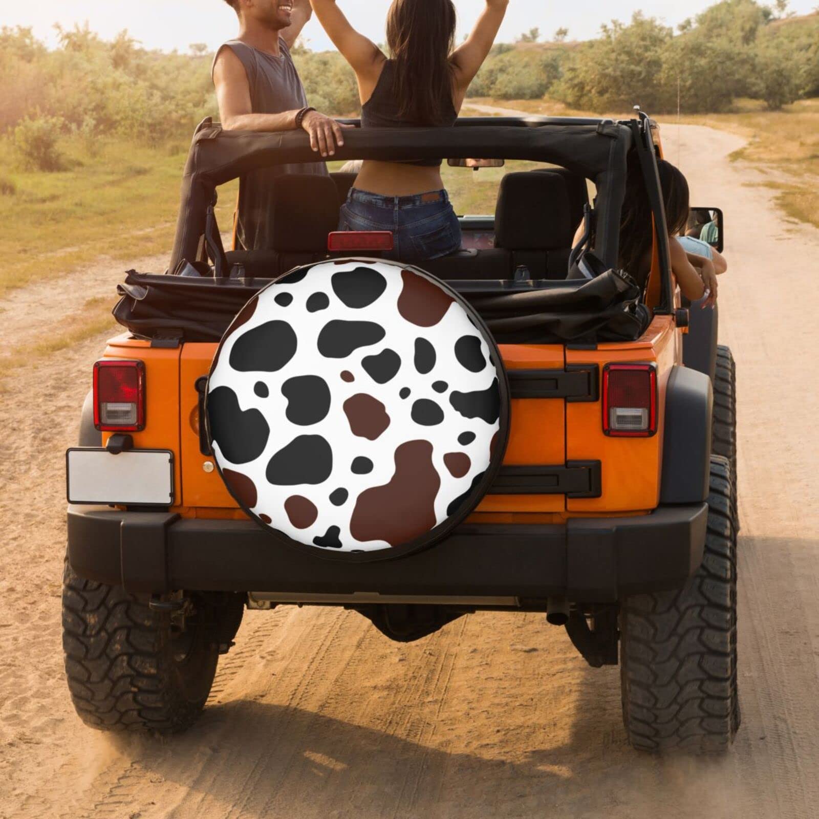 White Cow Print Black Brown Spot Spare Tire Cover - 14 Inch Dust-Proof Wheel Protector for Trailer, RV, SUV & Vehicles - Perfect for Outdoor Camping & Road Trips