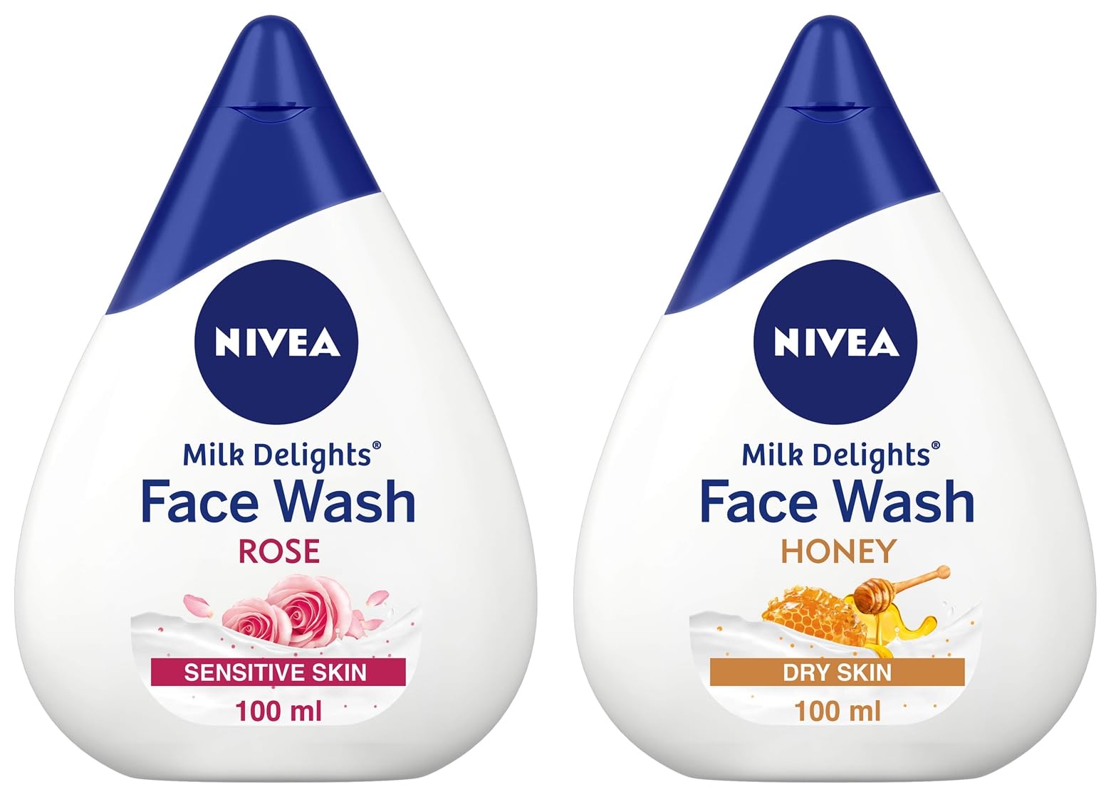Nivea Milk Delights Rosewater Face Wash for Sensitive Skin, 100ml & Honey Moisturizing Face Wash for Dry Skin, 100ml - Gentle Daily Cleansing for Soft, Hydrated Skin