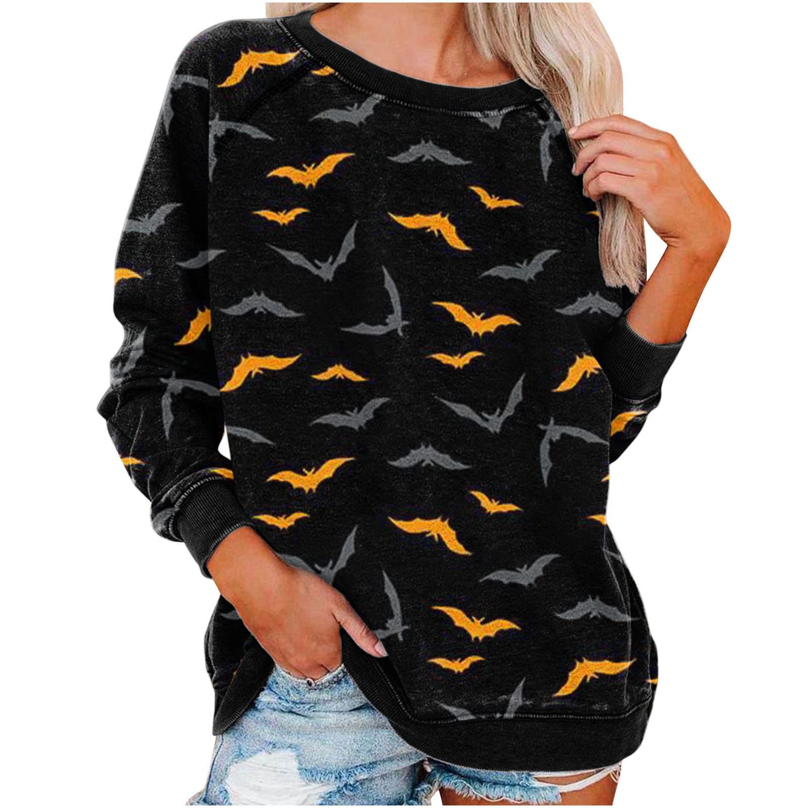 Women's Halloween Pullover Sweatshirt - Cute Pumpkin & Black Cat Print Long Sleeve Blouse - Loose Fit Round Neck T-Shirt for Fall Parties, Trick or Treating & Cozy Seasonal Outfits
