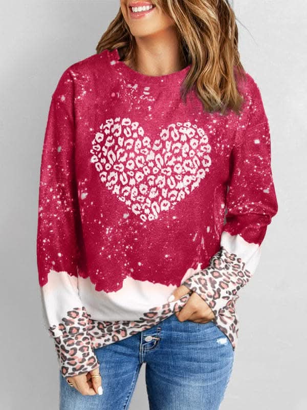 Stylish Leopard Print Heart Pullover Sweater - Cozy & Trendy for Casual Wear, Date Nights & Fall Outfits