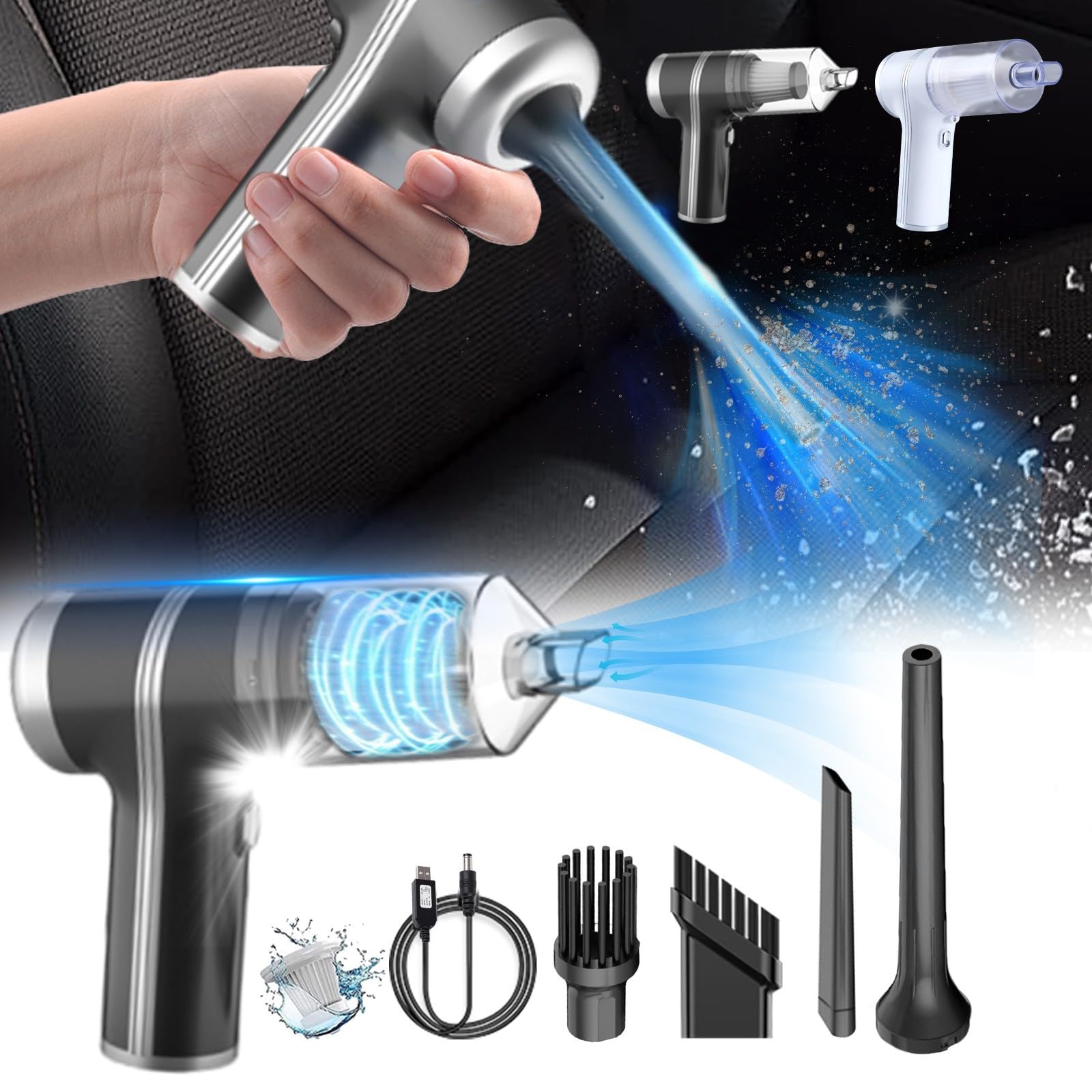 AZXY 9000Pa Powerful Handheld Vacuum Cleaner - USB Portable Wet/Dry Vacuum with Multi Nozzles for Car, Home & Pet Hair - Compact Air Duster with LED Light for Quick Car Cleaning & Household Dust Removal