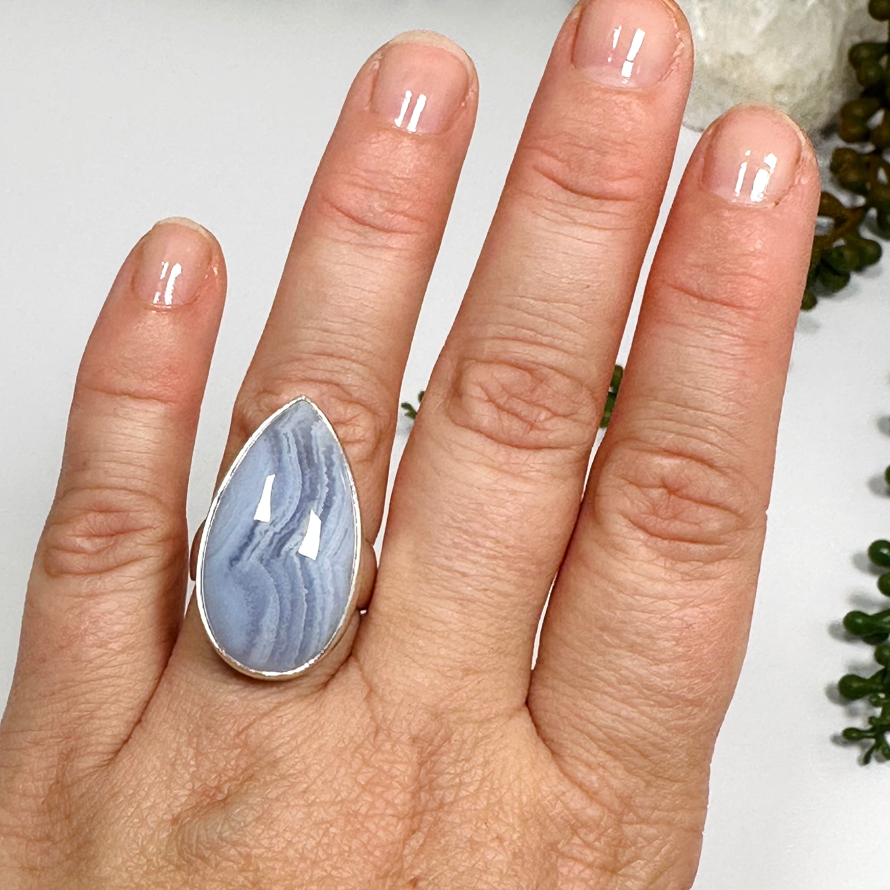 Blue Lace Agate Teardrop Cabochon Ring - Size 7 - Handmade Sterling Silver Jewelry - Perfect for Boho Fashion & Gift Giving