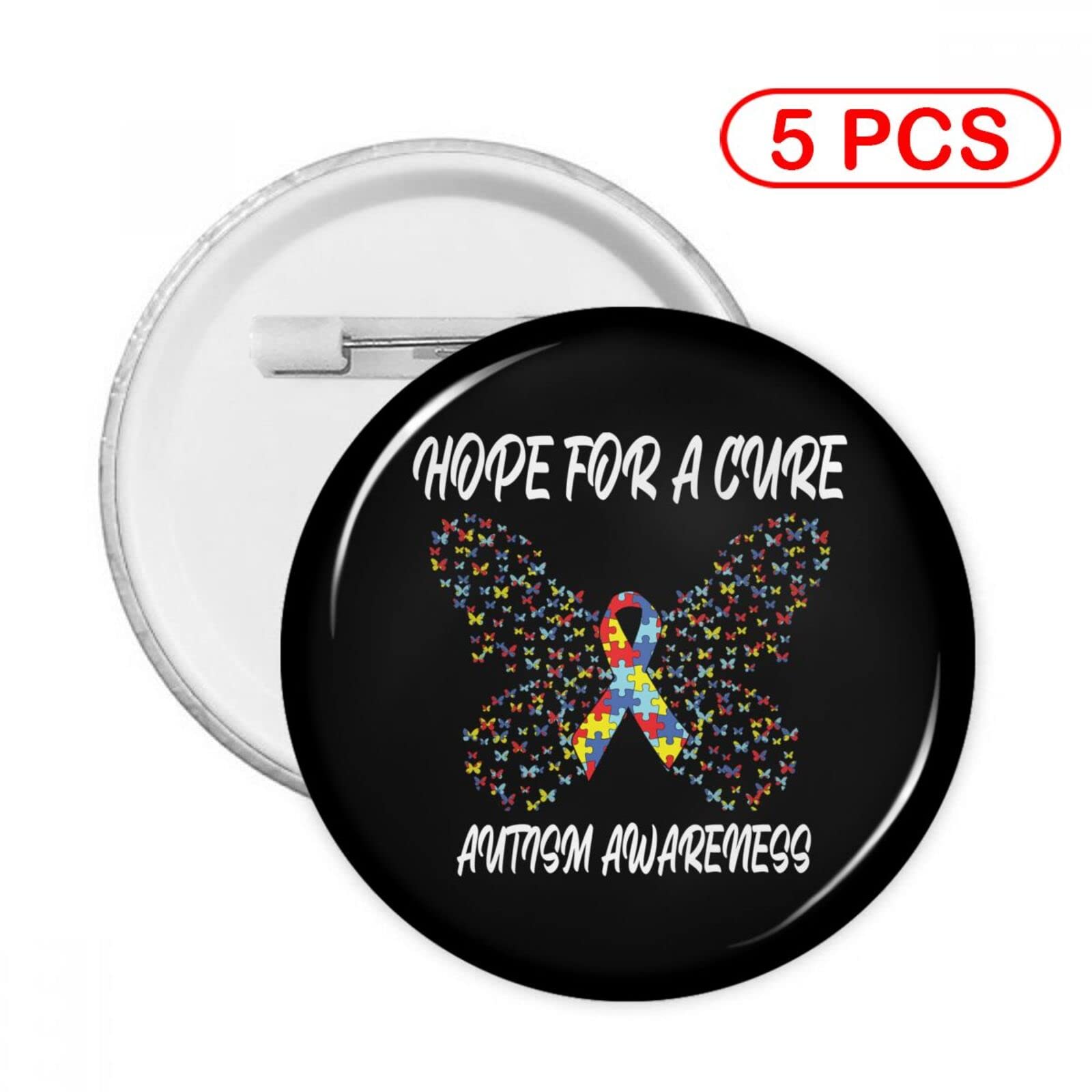 Autism Awareness Butterfly Badge Pins - 5 Pack Round Button Pins for Clothes, Hats & Backpacks - Hope for A Cure Gift for Supporters, Teachers & Parents - Perfect for Awareness Events, Fundraisers & Daily Wear