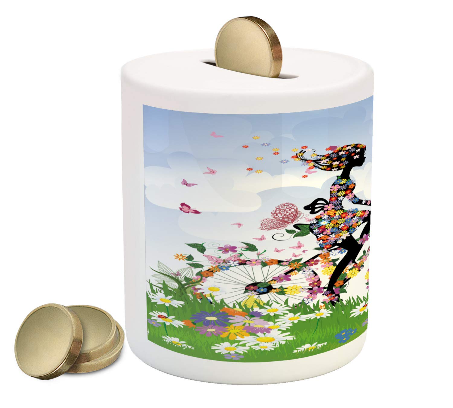 Ambesonne Ceramic Piggy Bank - Vintage Bike with Spring Flowers Design, Money Saving Coin Bank for Cash & Coins | Perfect for Home Decor, Gift Giving & Financial Savings Goals