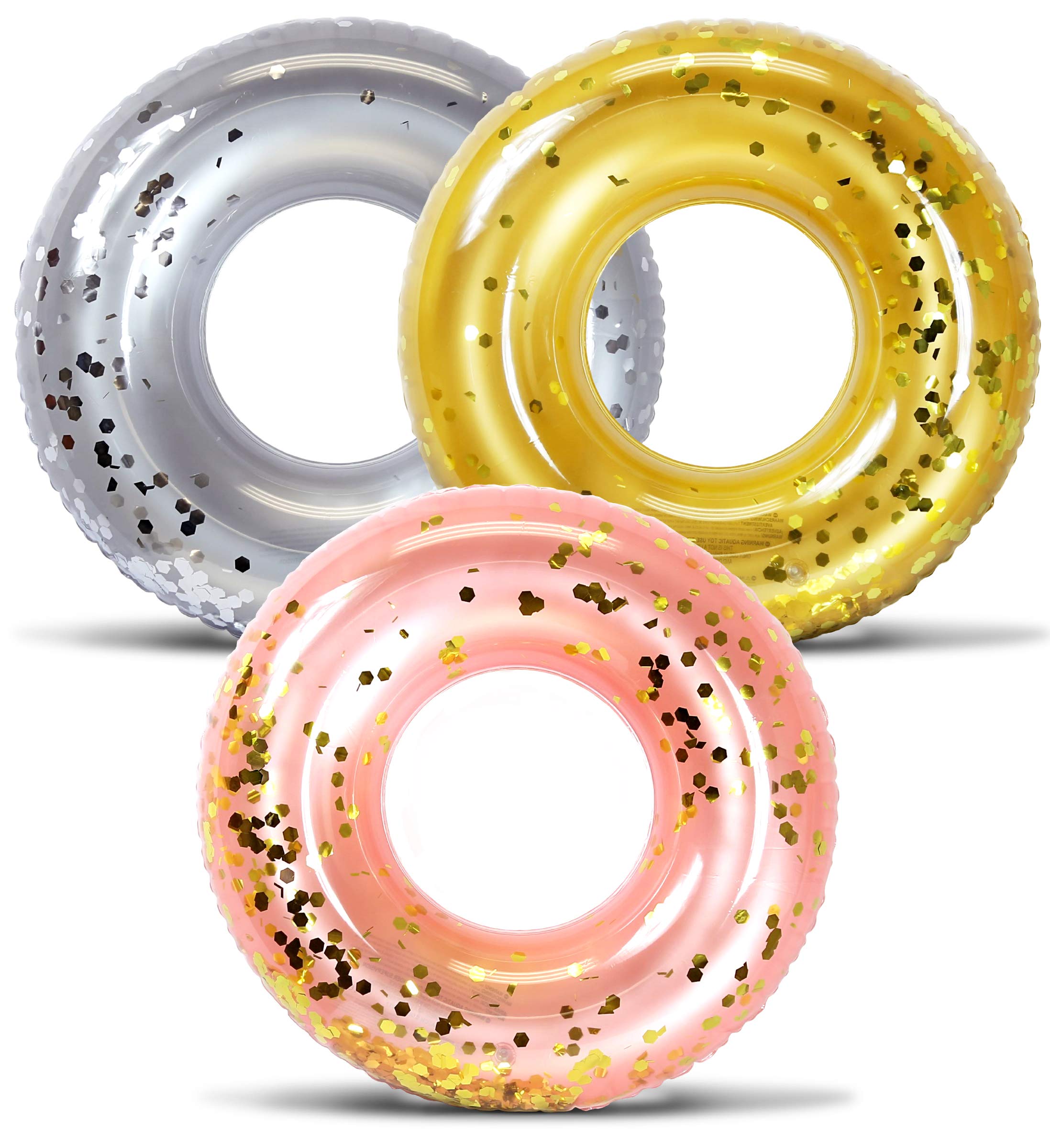 Premium Inflatable Pool Floats Set of 3 - Silver, Gold & Rose Gold Confetti Swim Rings for Adults & Kids | 36 Inch Water Tubes for Pool, Beach, River Parties & Summer Decorations | Fun Floating Toys for Backyard, Vacation & Relaxation