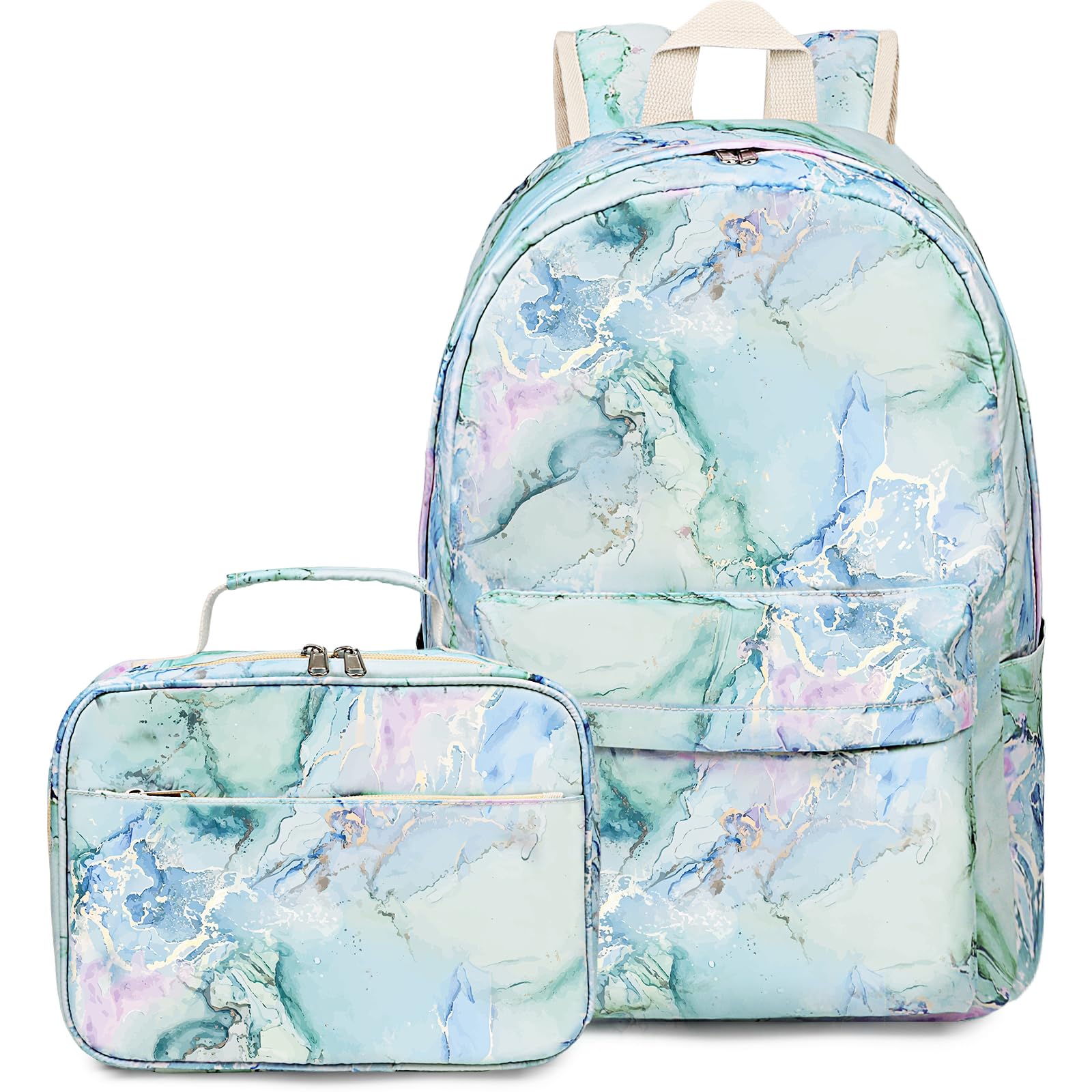 Waterproof School Backpack for Teen Girls & Women - Stylish Bookbag with Lunch Bag (Marble Purple/Blue/Green) | Perfect for High School, College, Travel & Daily Use